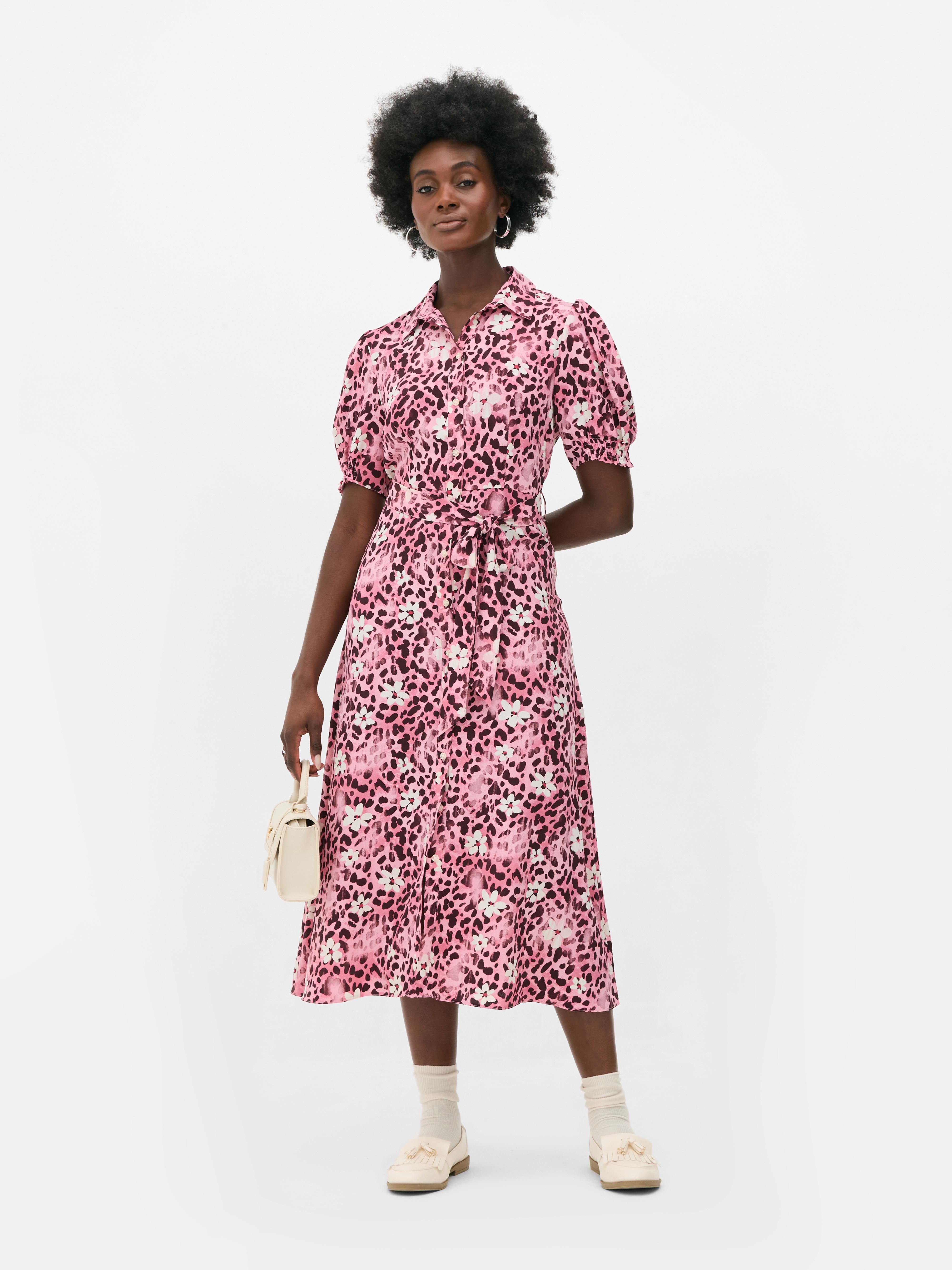Robe-chemise mi-longue à fleurs Rose