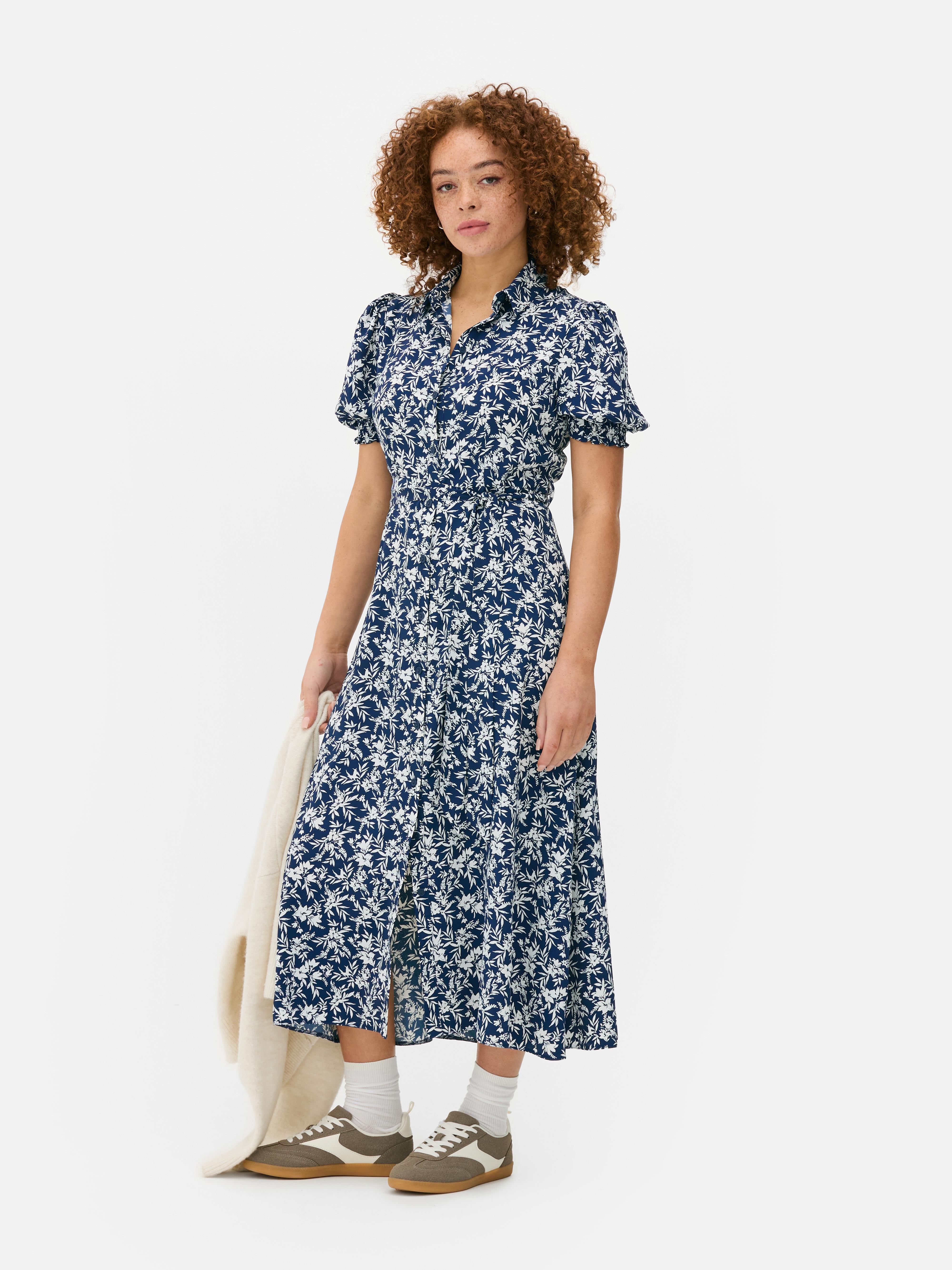 Robe-chemise mi-longue à fleurs Bleu marine