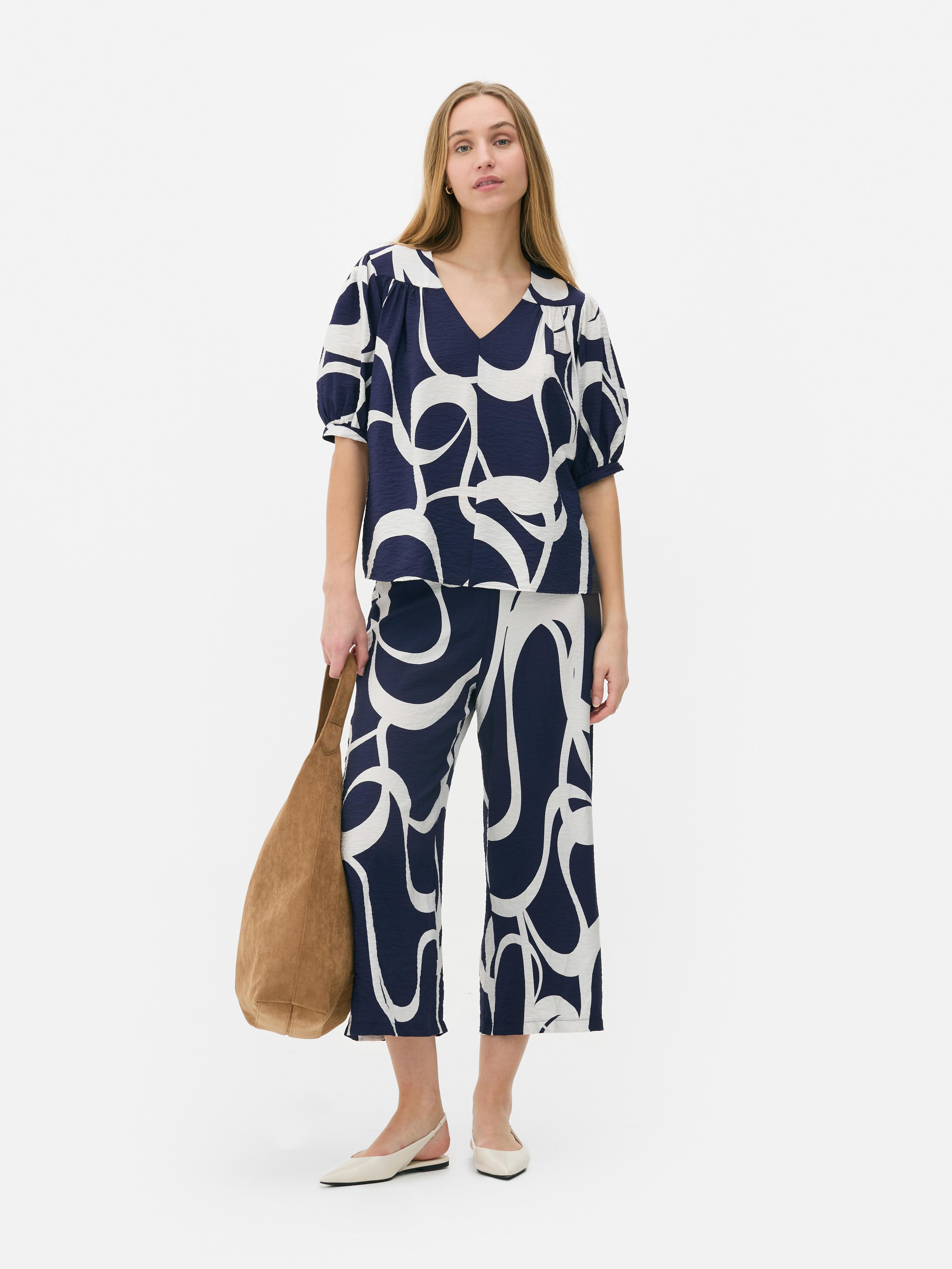 Patterned Short Sleeve Blouse Navy