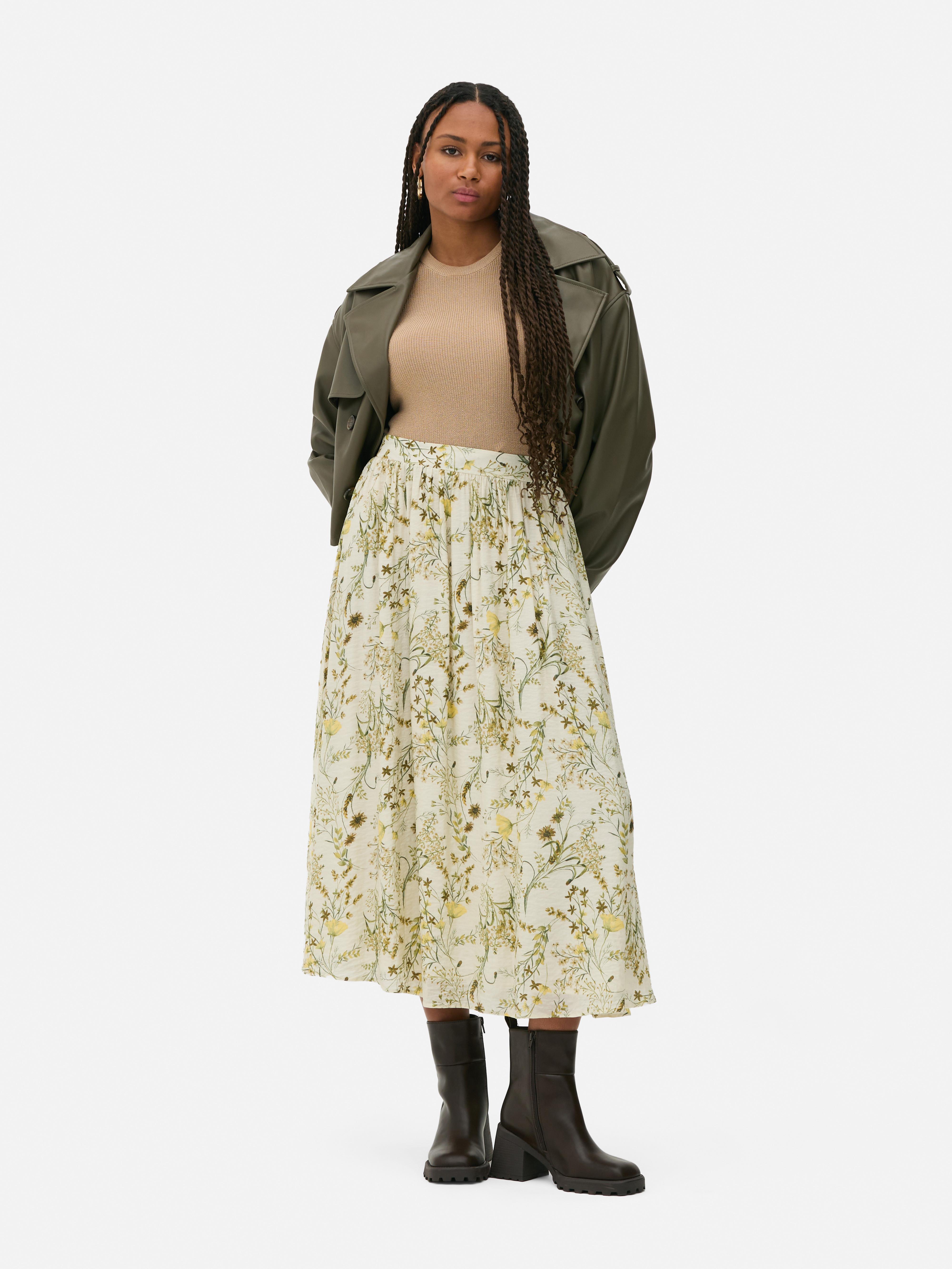 Shirred Floral Maxi Skirt