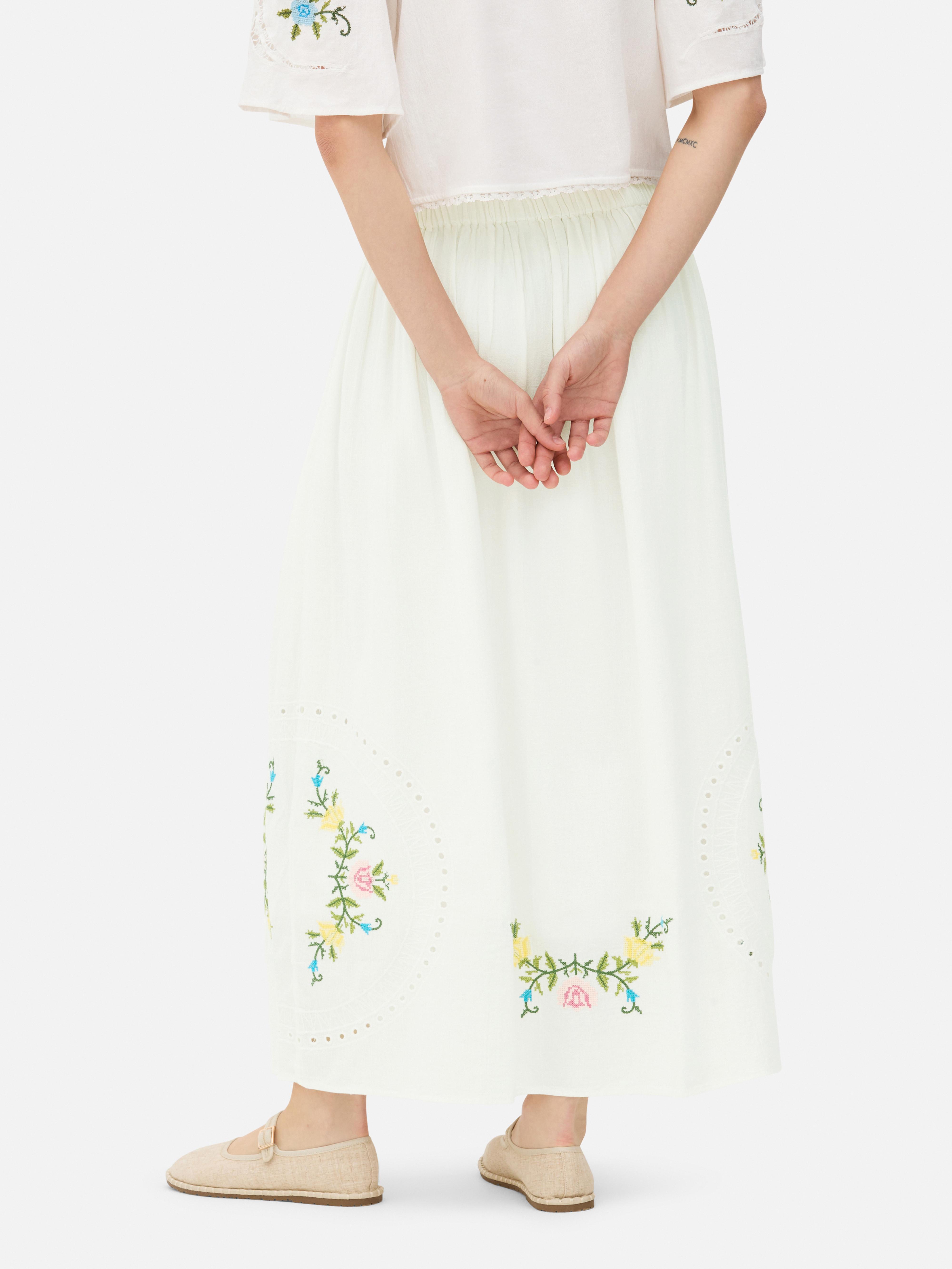 Floral Embroidered Midi Skirt