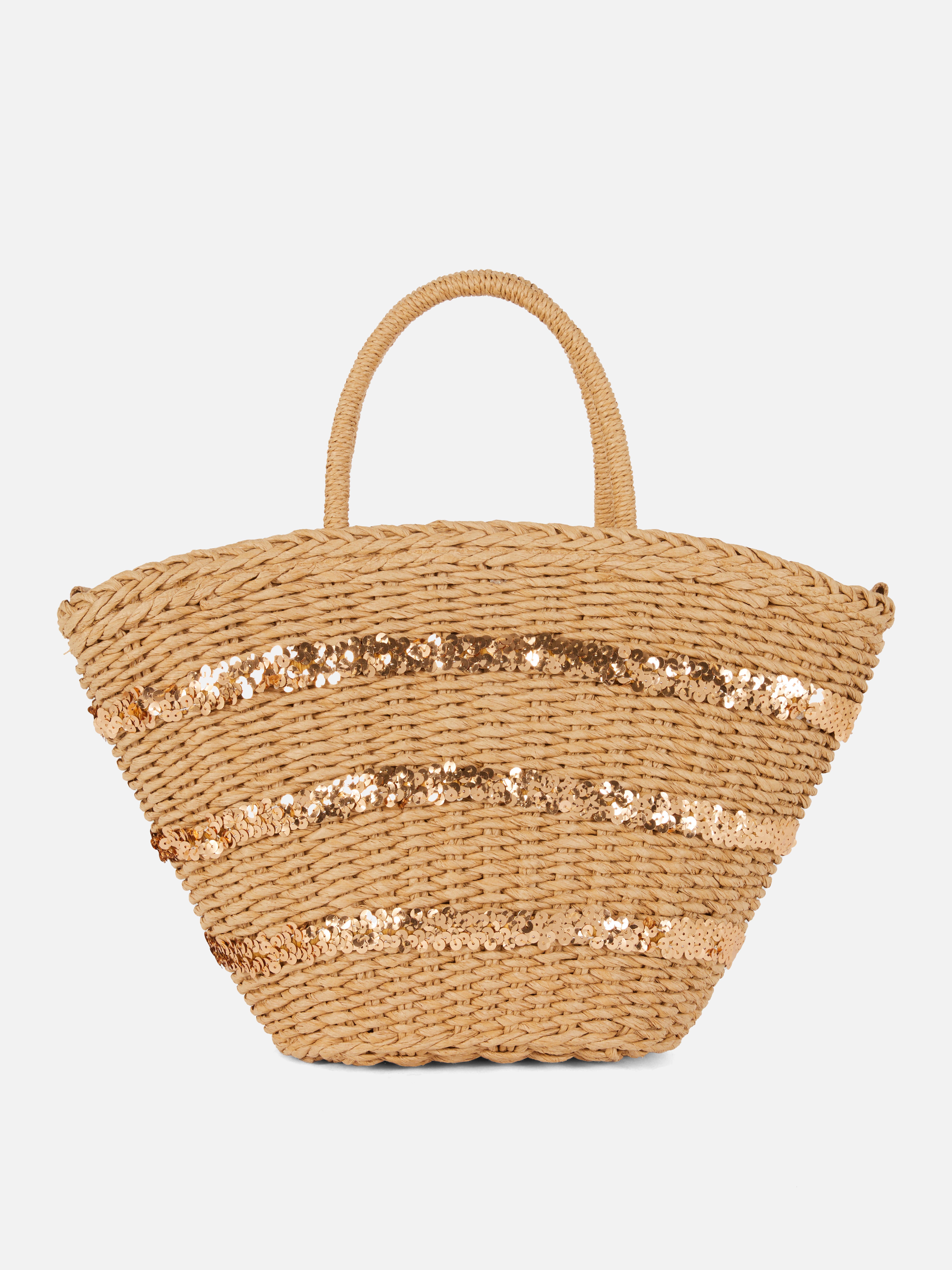 Bucket-Tasche aus Stroh mit Paillettenbesatz