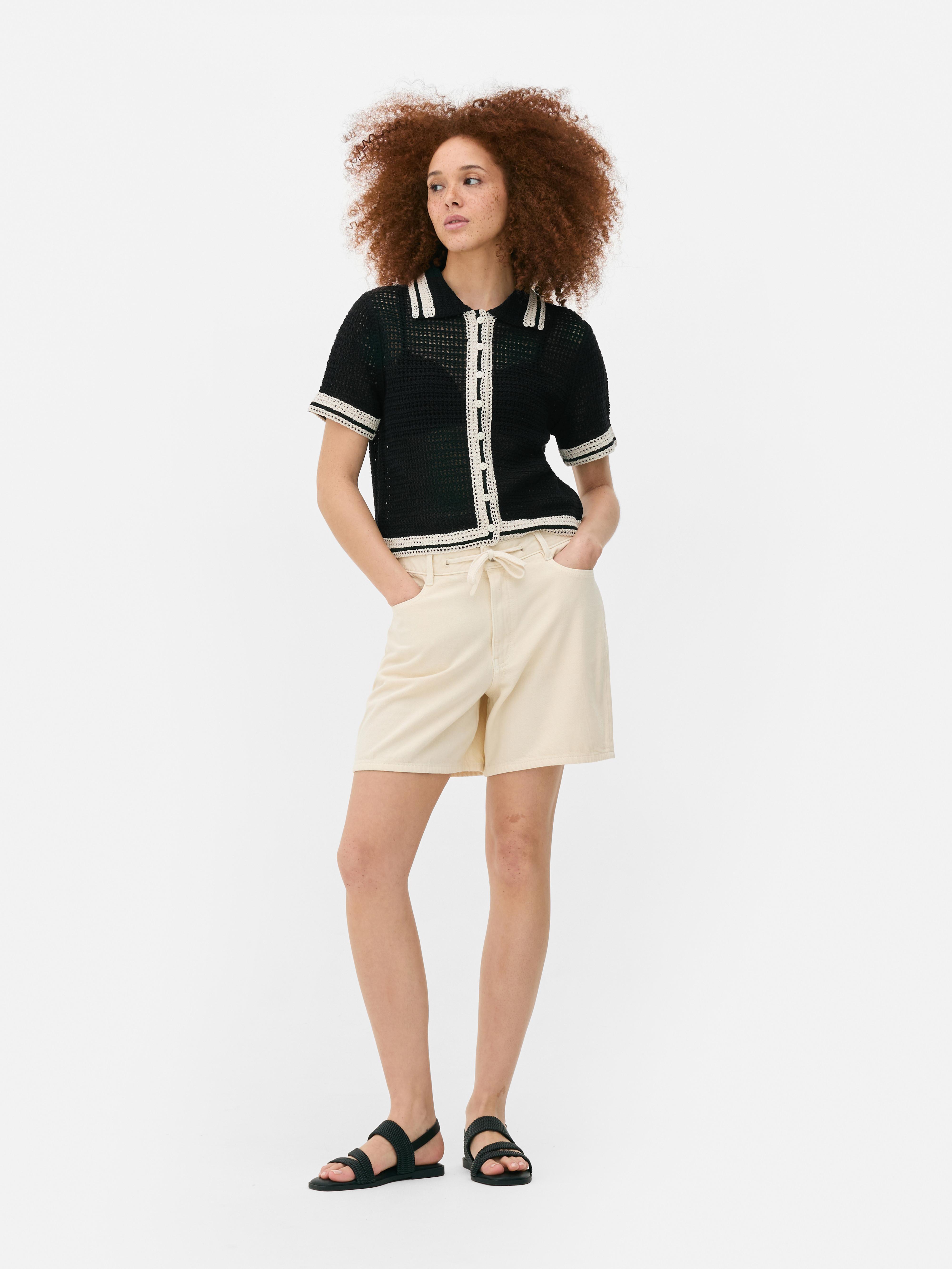 Short Sleeve Crochet Monochrome Shirt