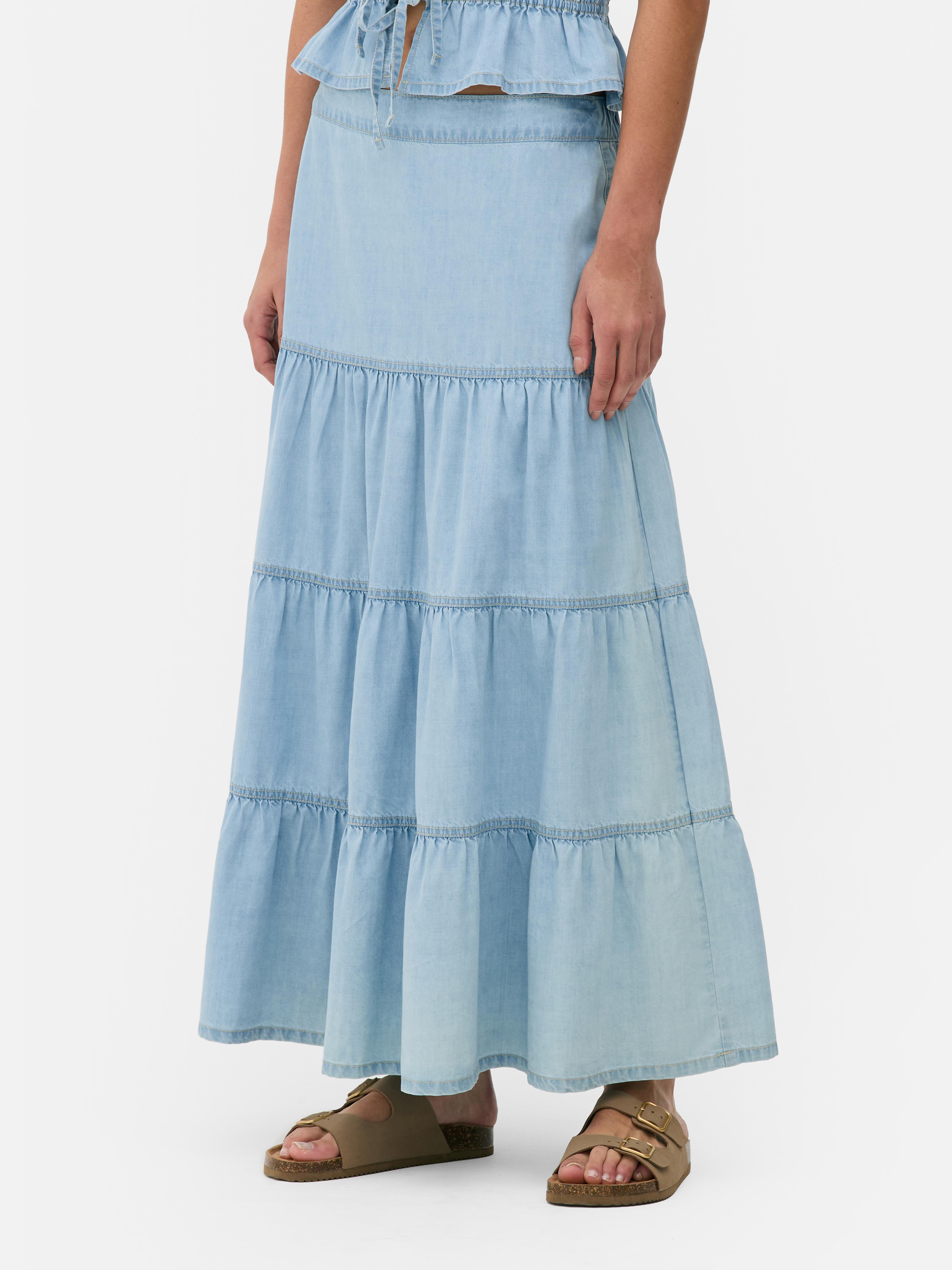 Denim Tiered Maxi Skirt