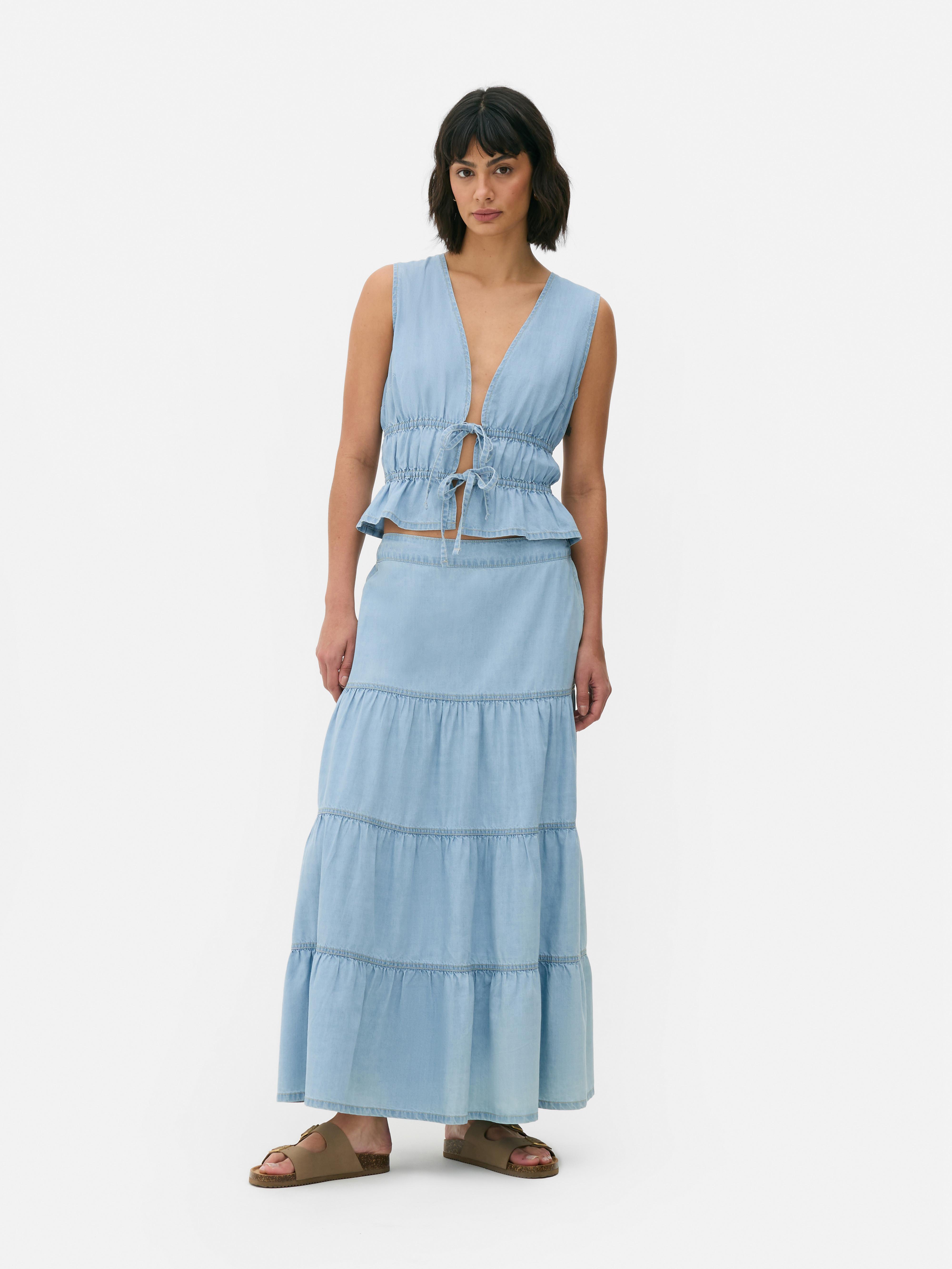Denim Tiered Maxi Skirt