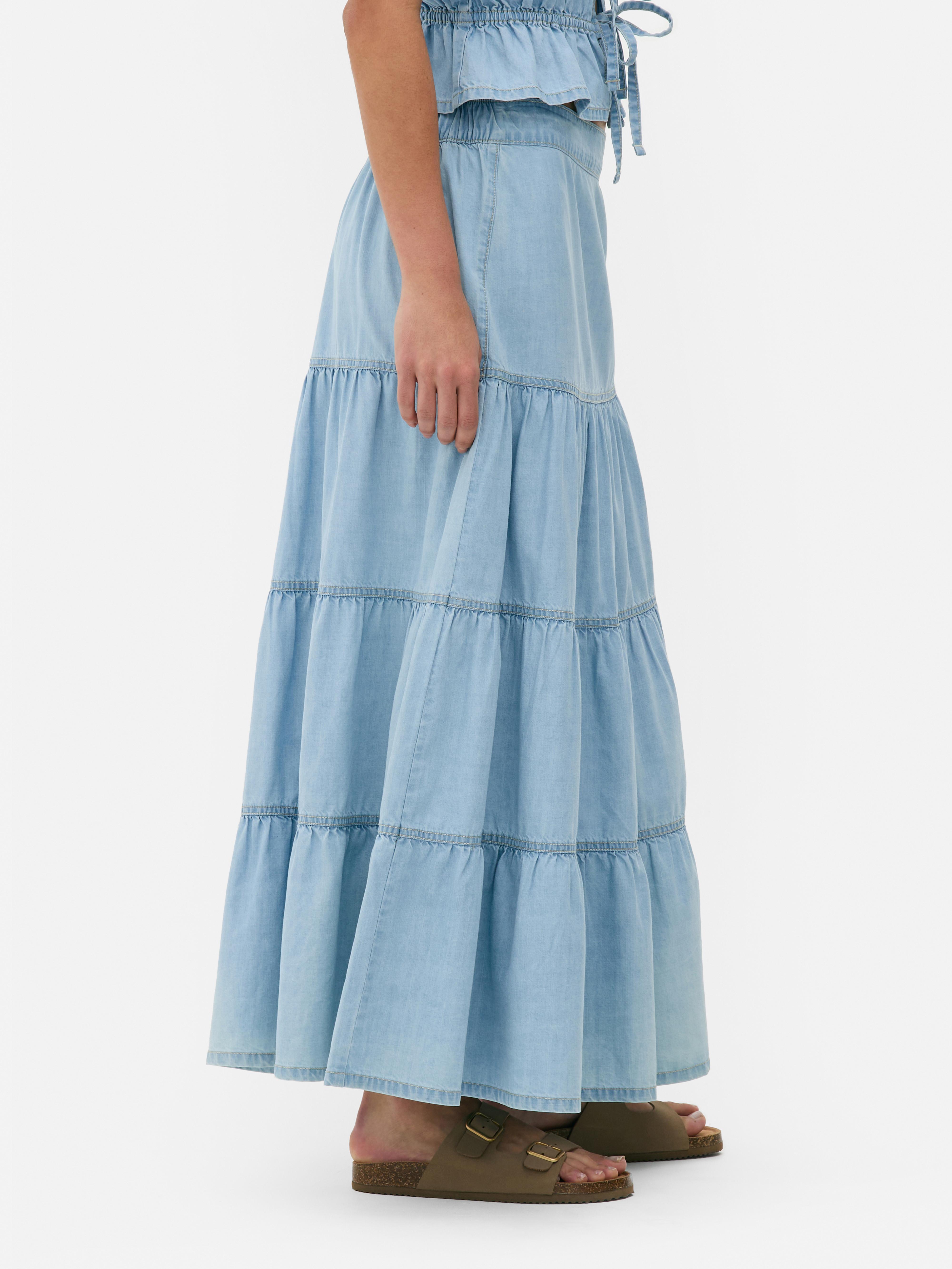 Denim Tiered Maxi Skirt