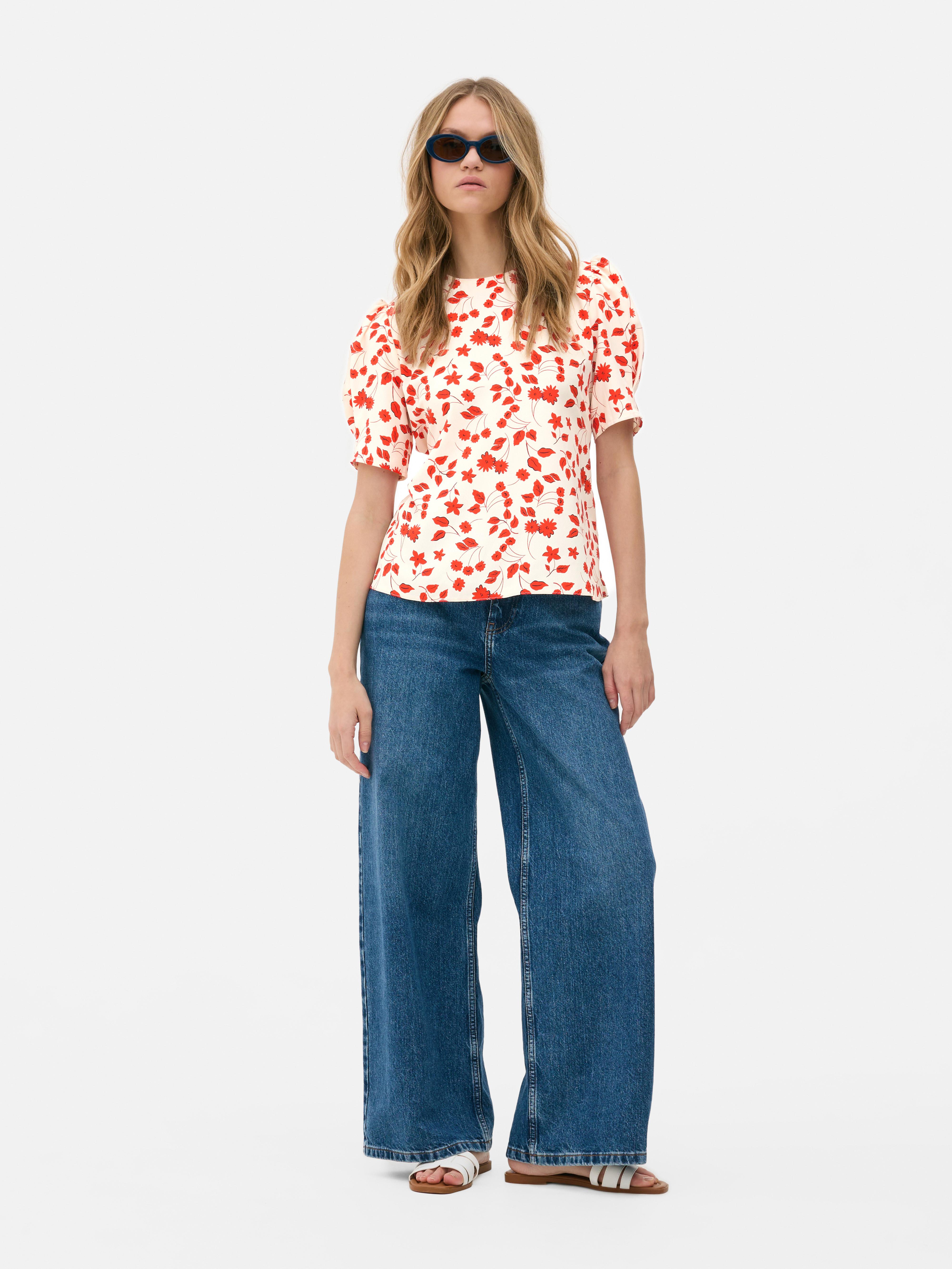 Floral Short Sleeve Blouse Red