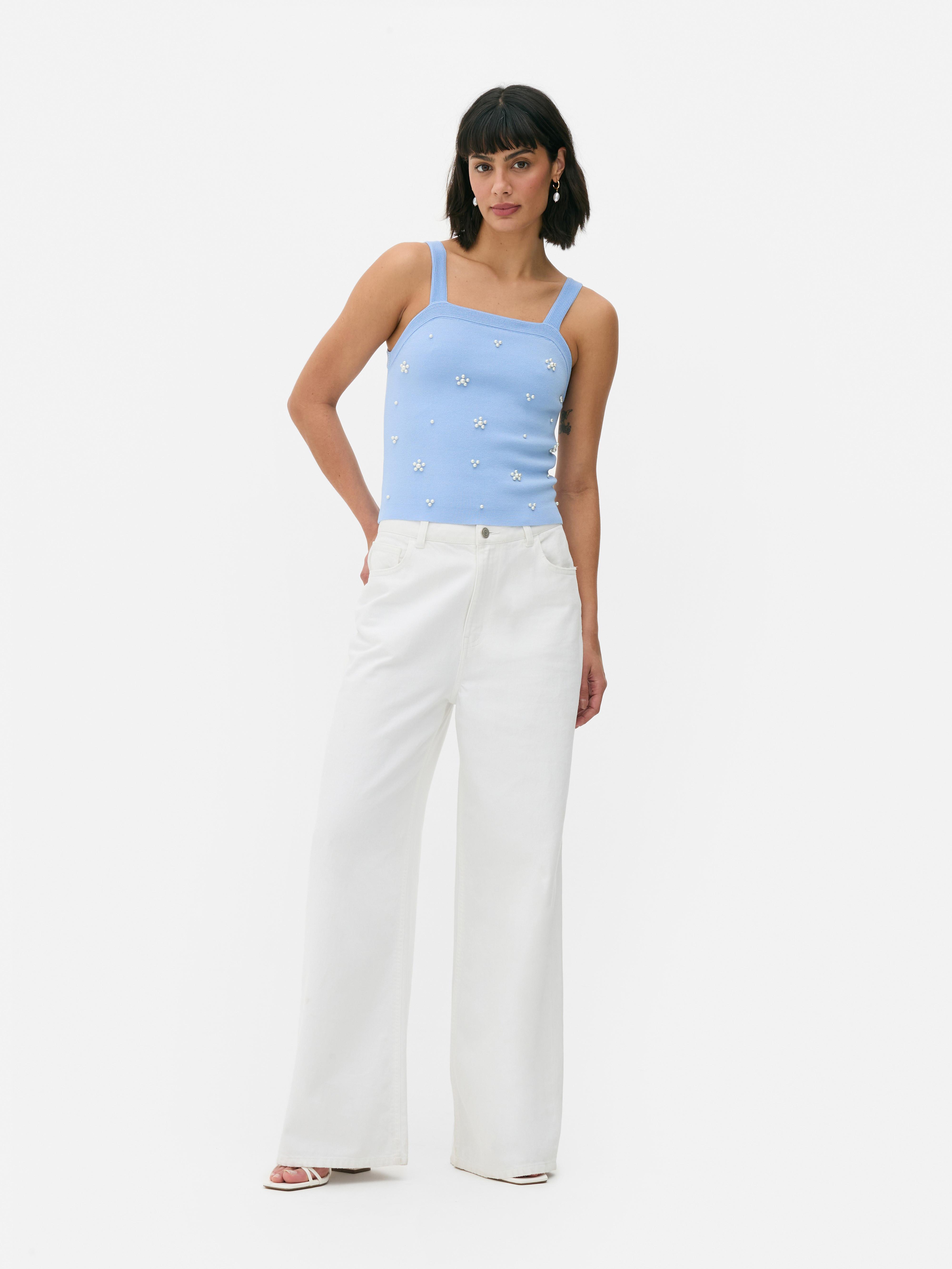 Women's Blue Square Neck Pearl Detail Knit Tank | Primark Women's Blue Square Neck Pearl Detail Knit Tank | Primark