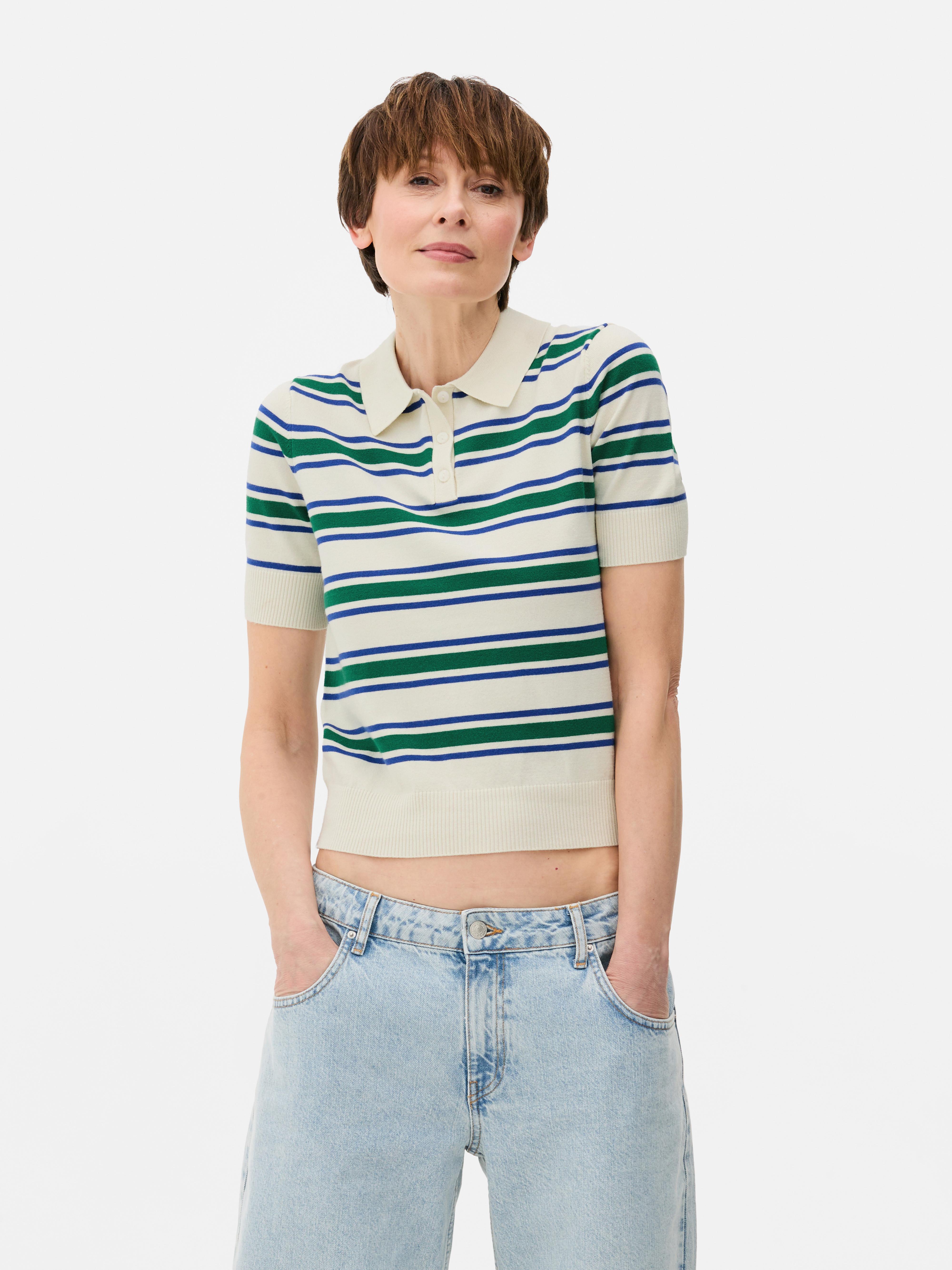 Gestreiftes, kurzärmeliges Poloshirt aus Strick