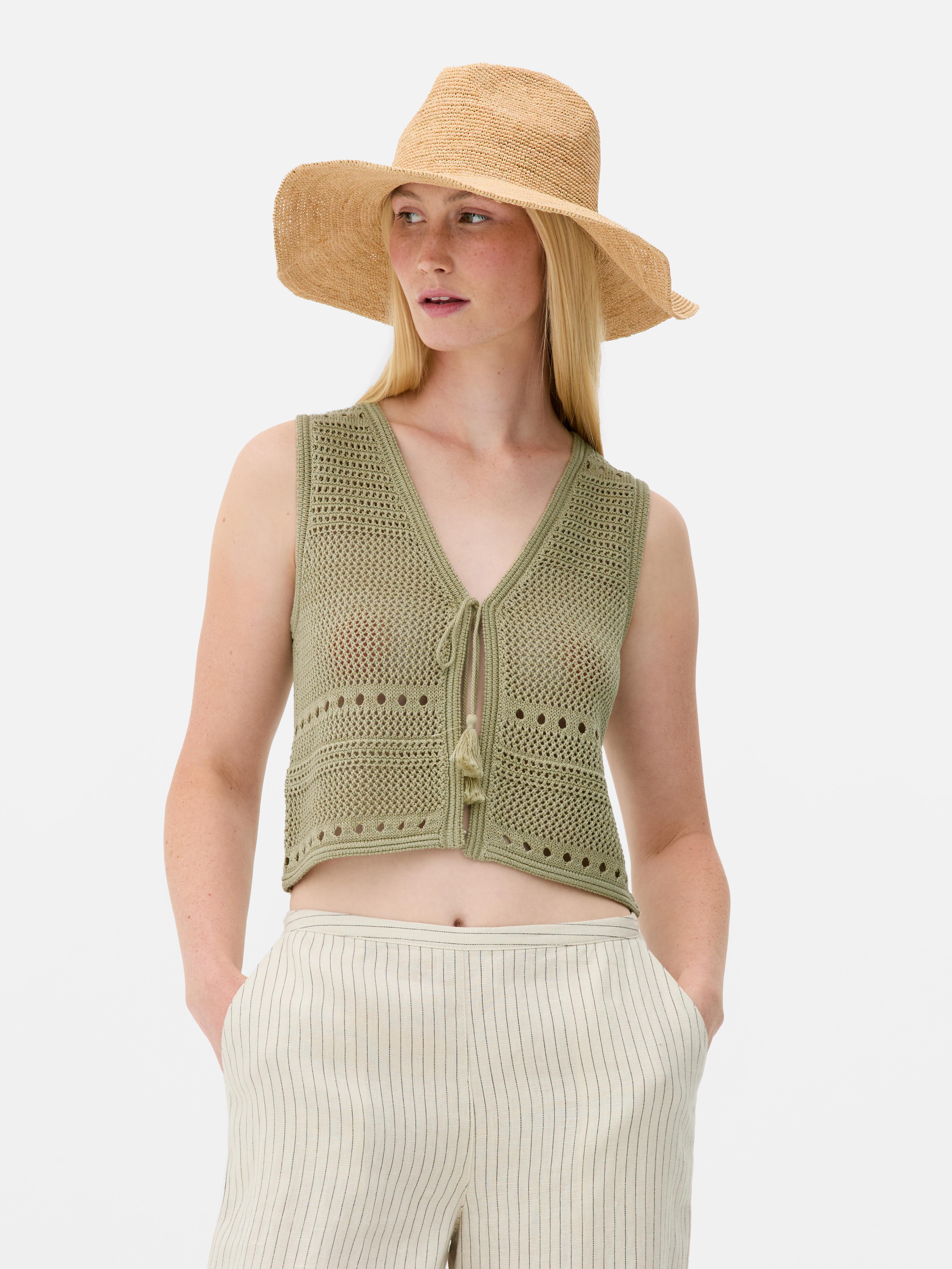 Pointelle Tie-Front Cropped Vest