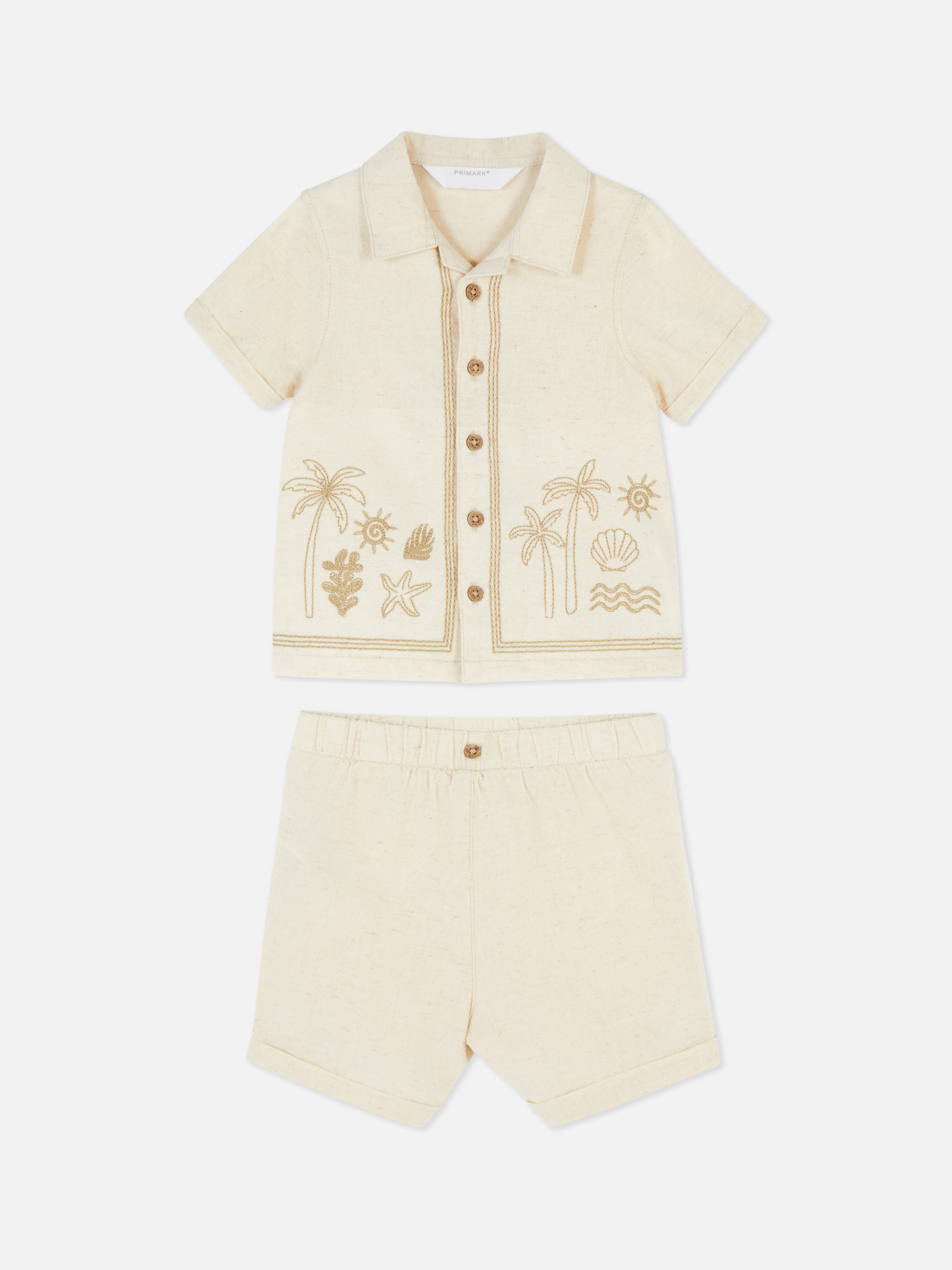 Conjunto bordado camisa botões/calções