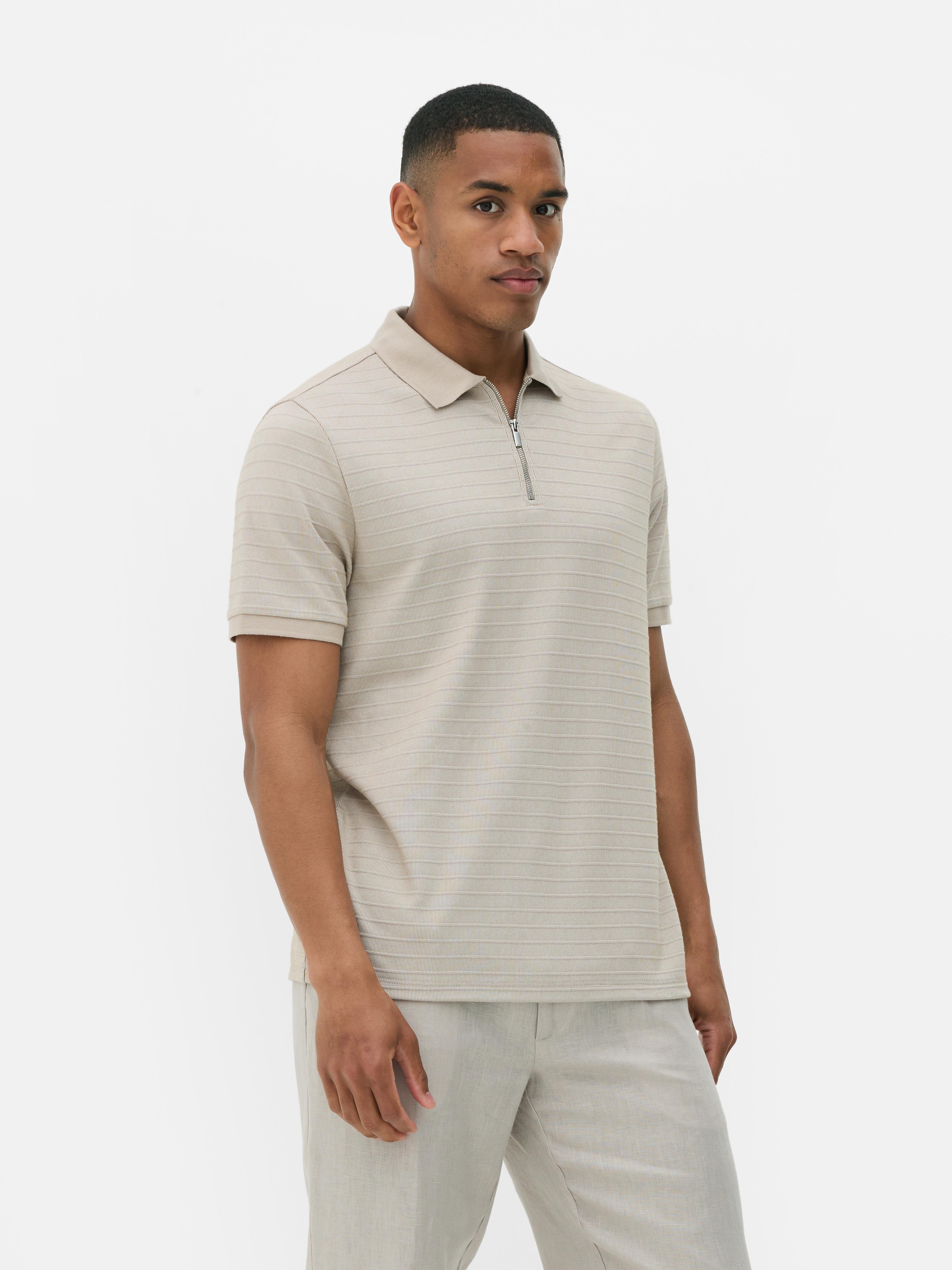 Men's Stone Textured Zip-Up Polo | Primark