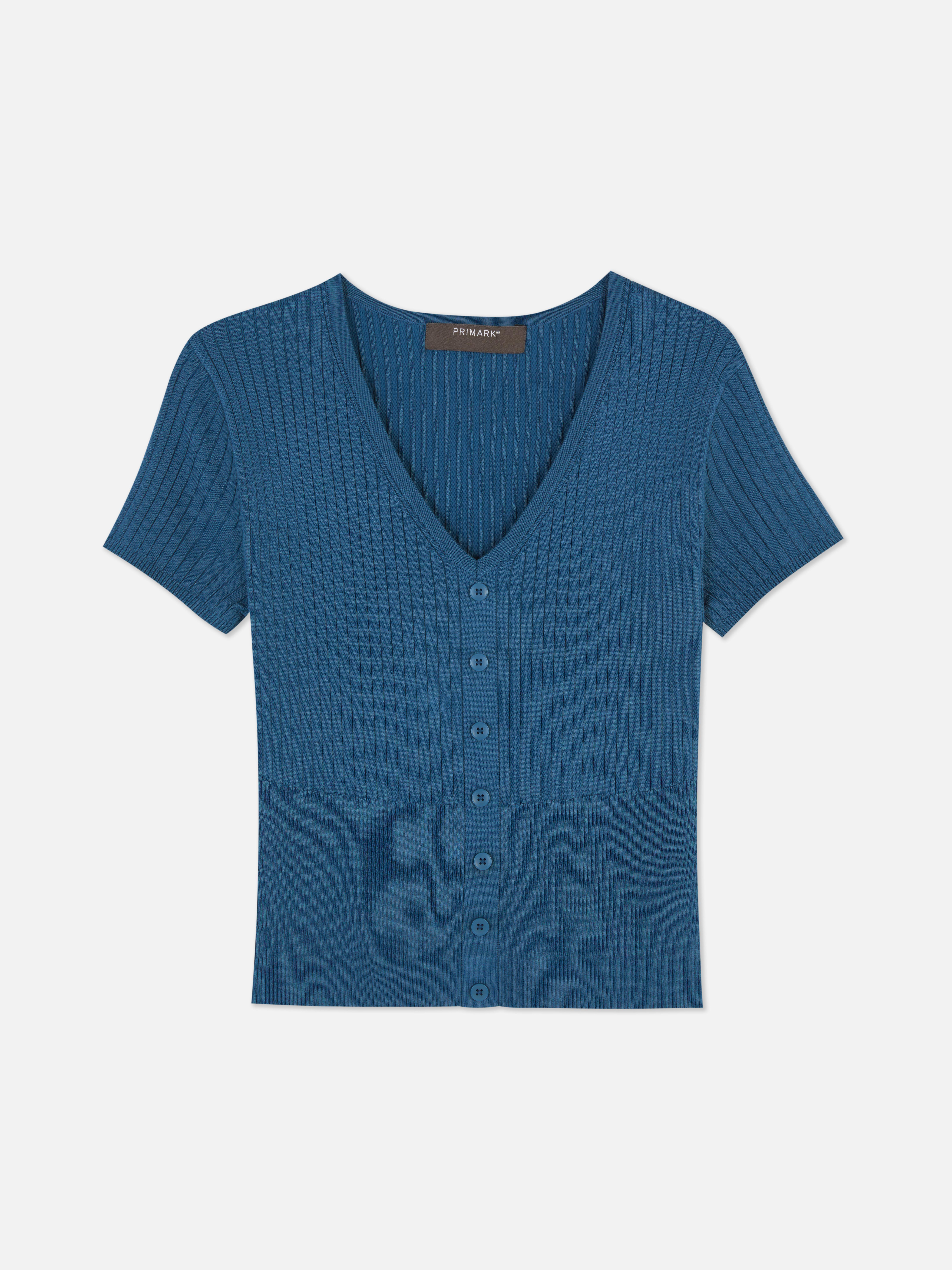 Women's Blue V-Neck Ribbed T-Shirt | Primark
