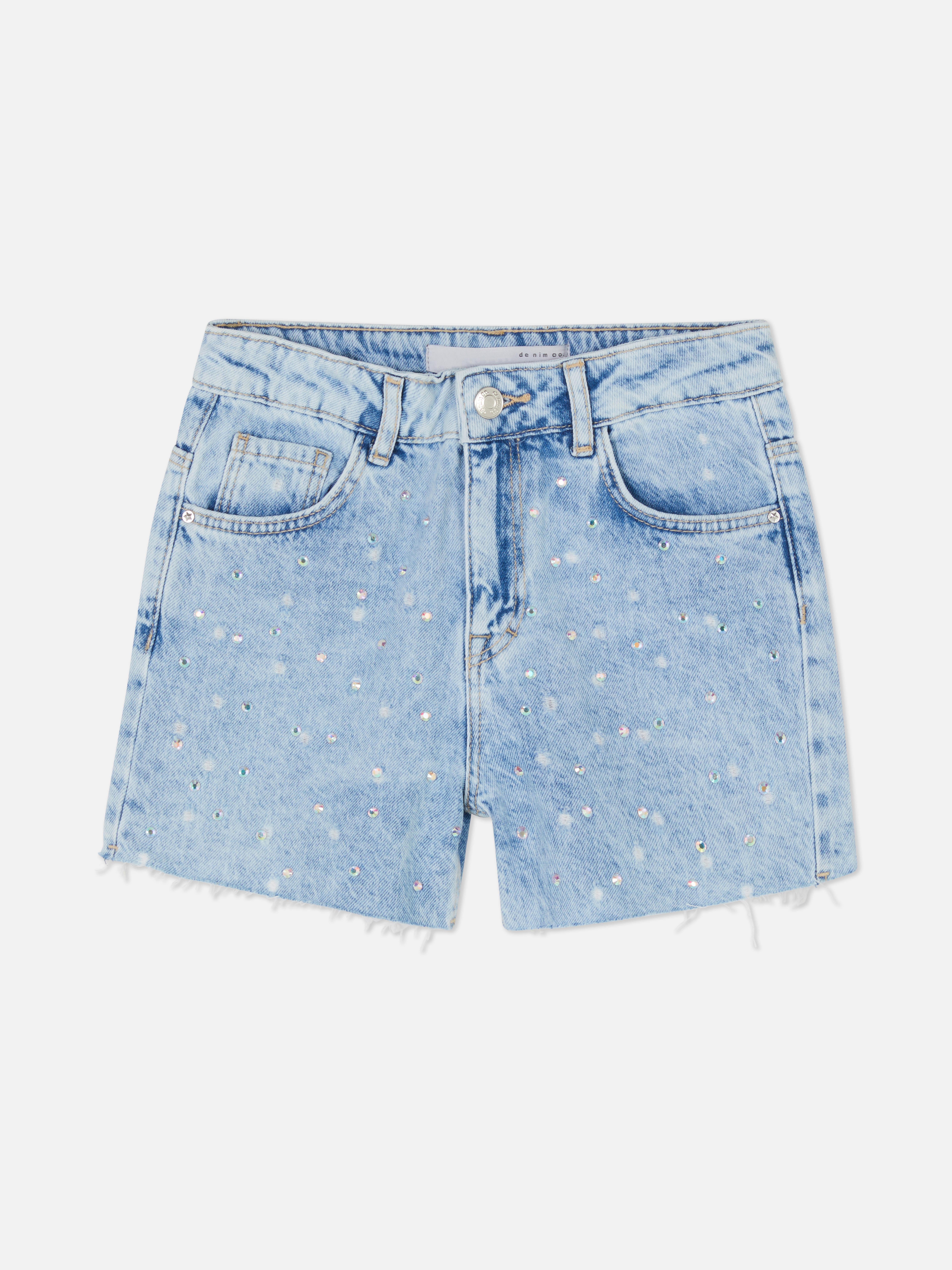 Pantalones vaqueros cortos desgastados con strass