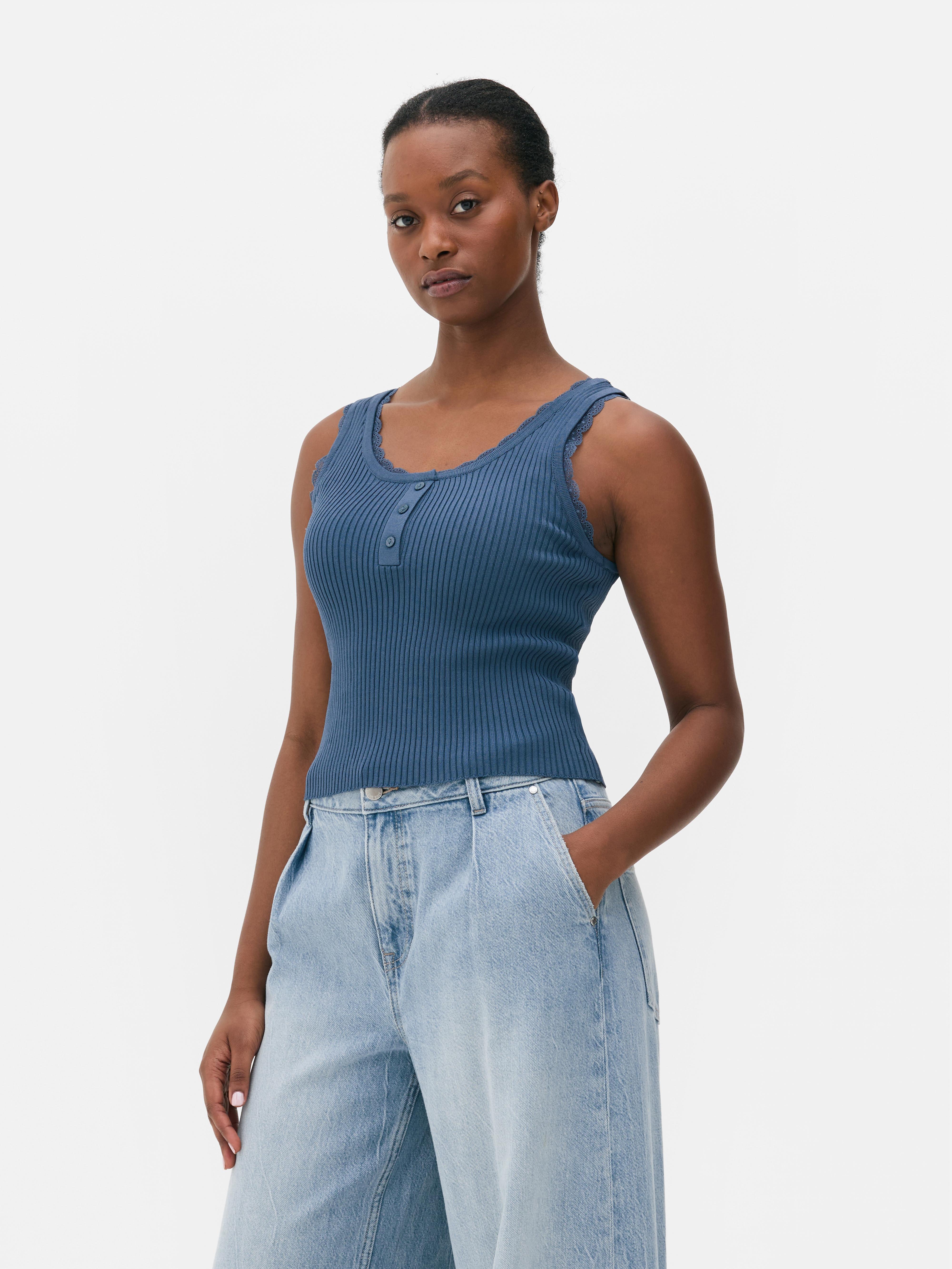 Ribbed Lace Trim Tank Top Blue
