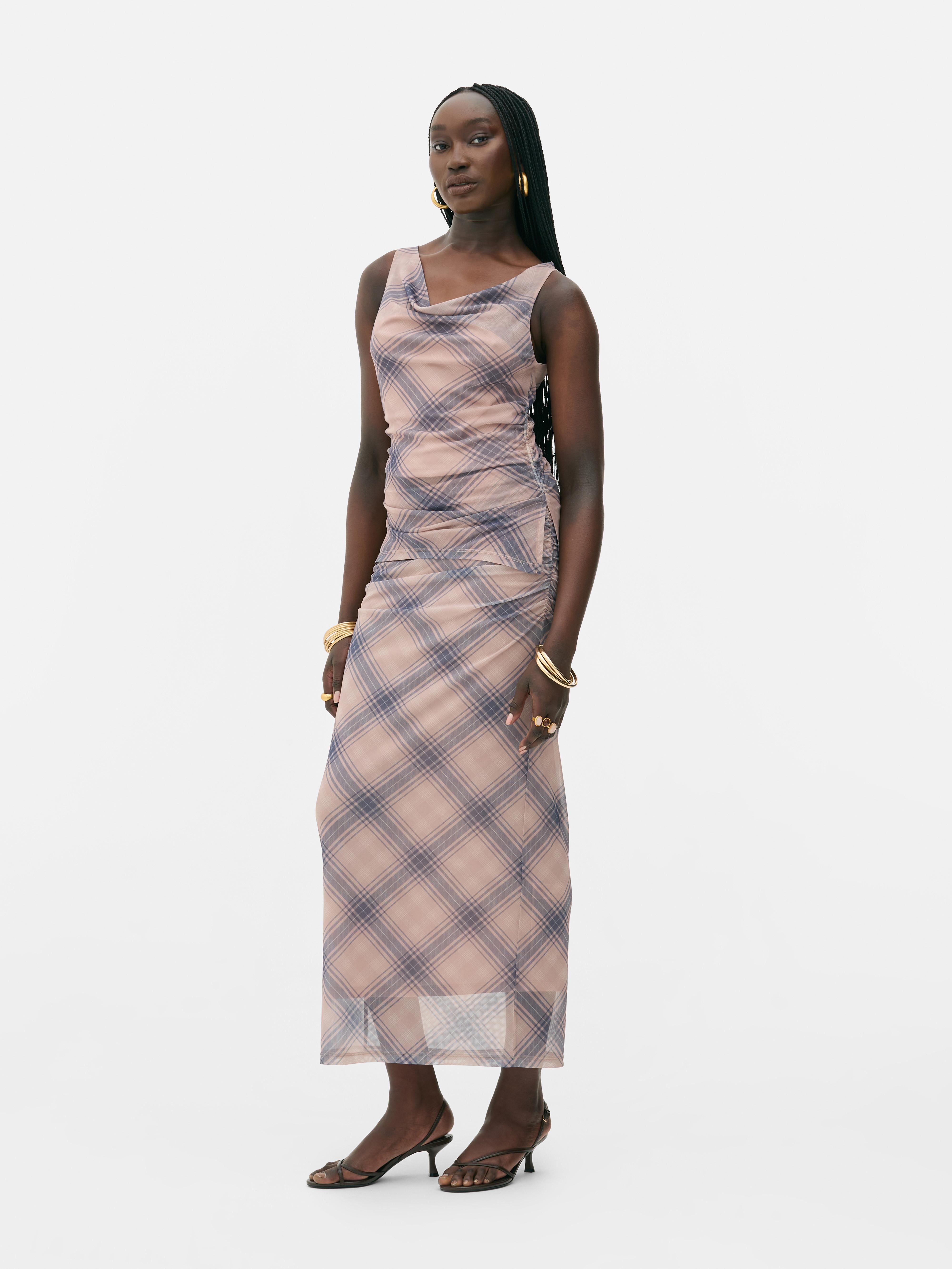 Rita Ora Check Mesh Midi Skirt