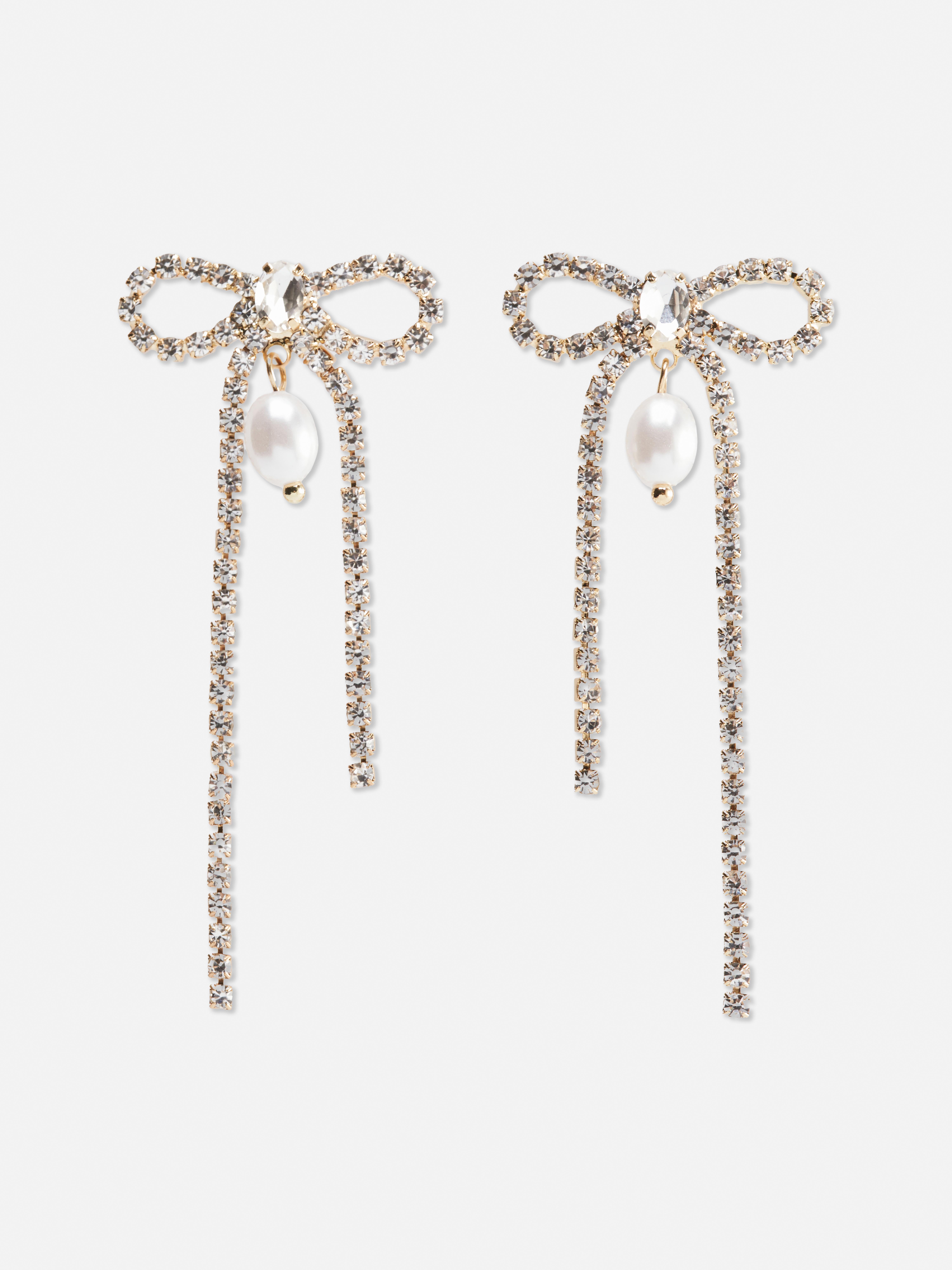 Bow Diamanté Pearl Drop Earrings