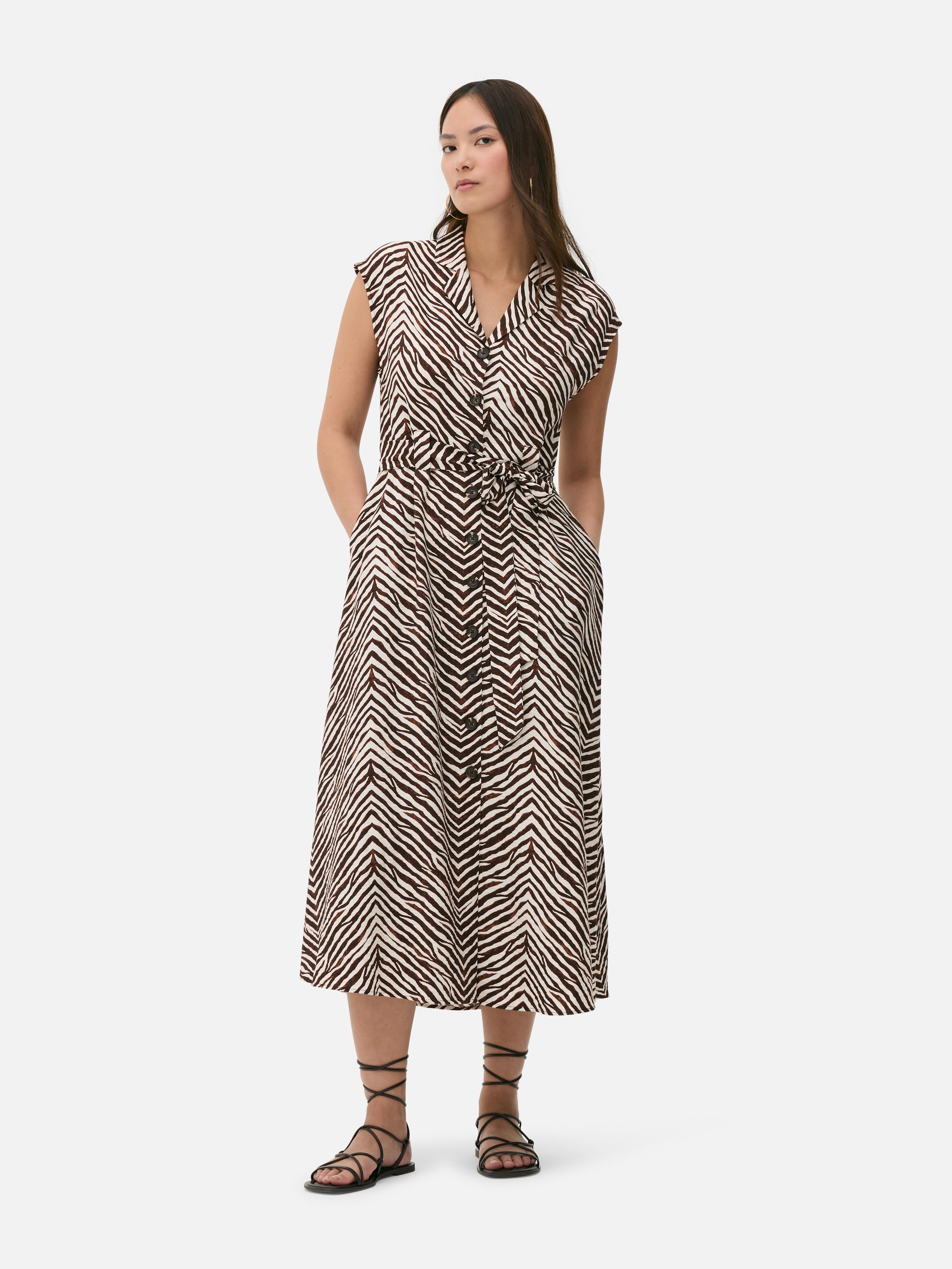 Patterned Tie-Waist Midi Shirt Dress