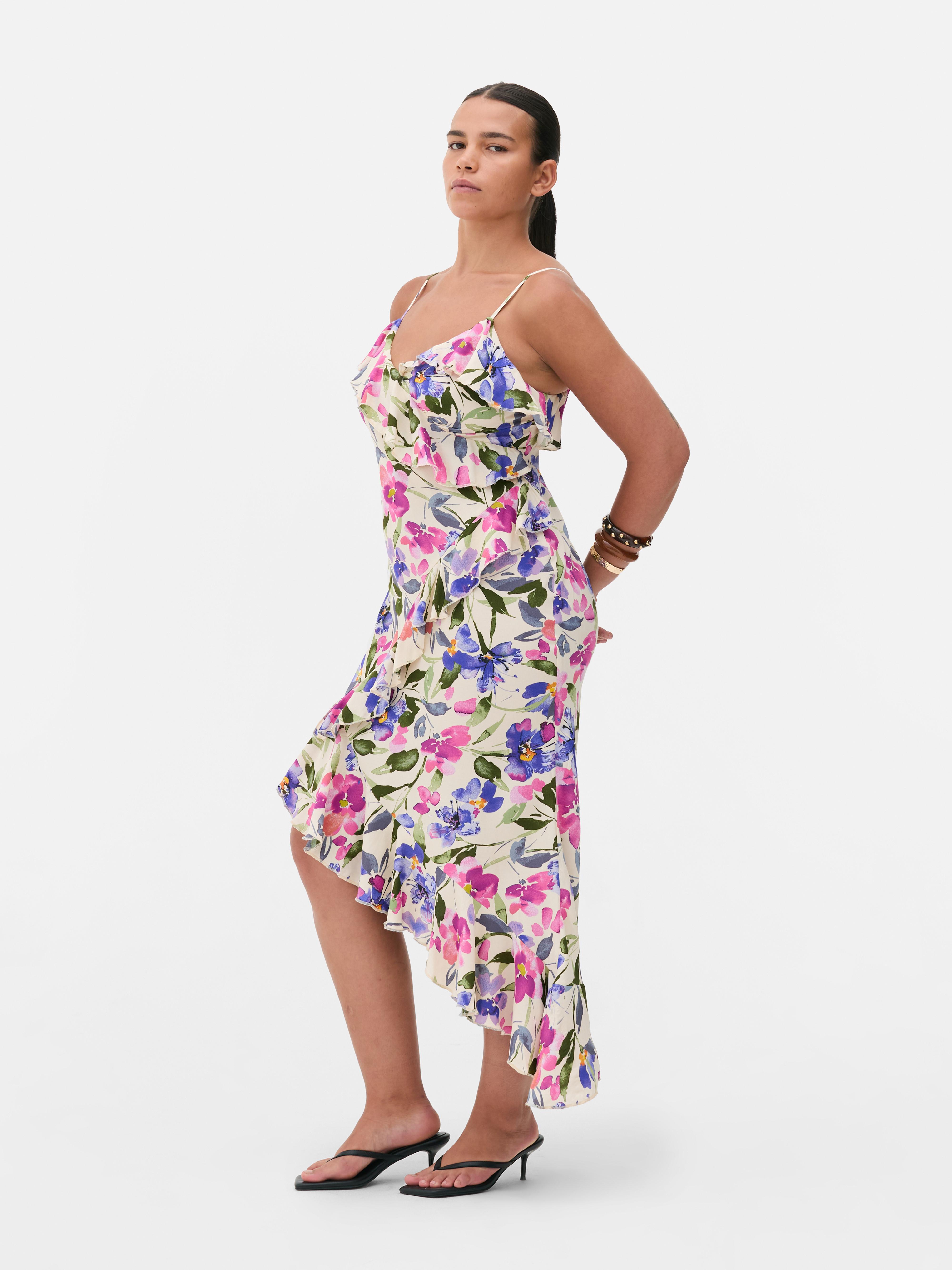 Vestido estampado midi con volantes