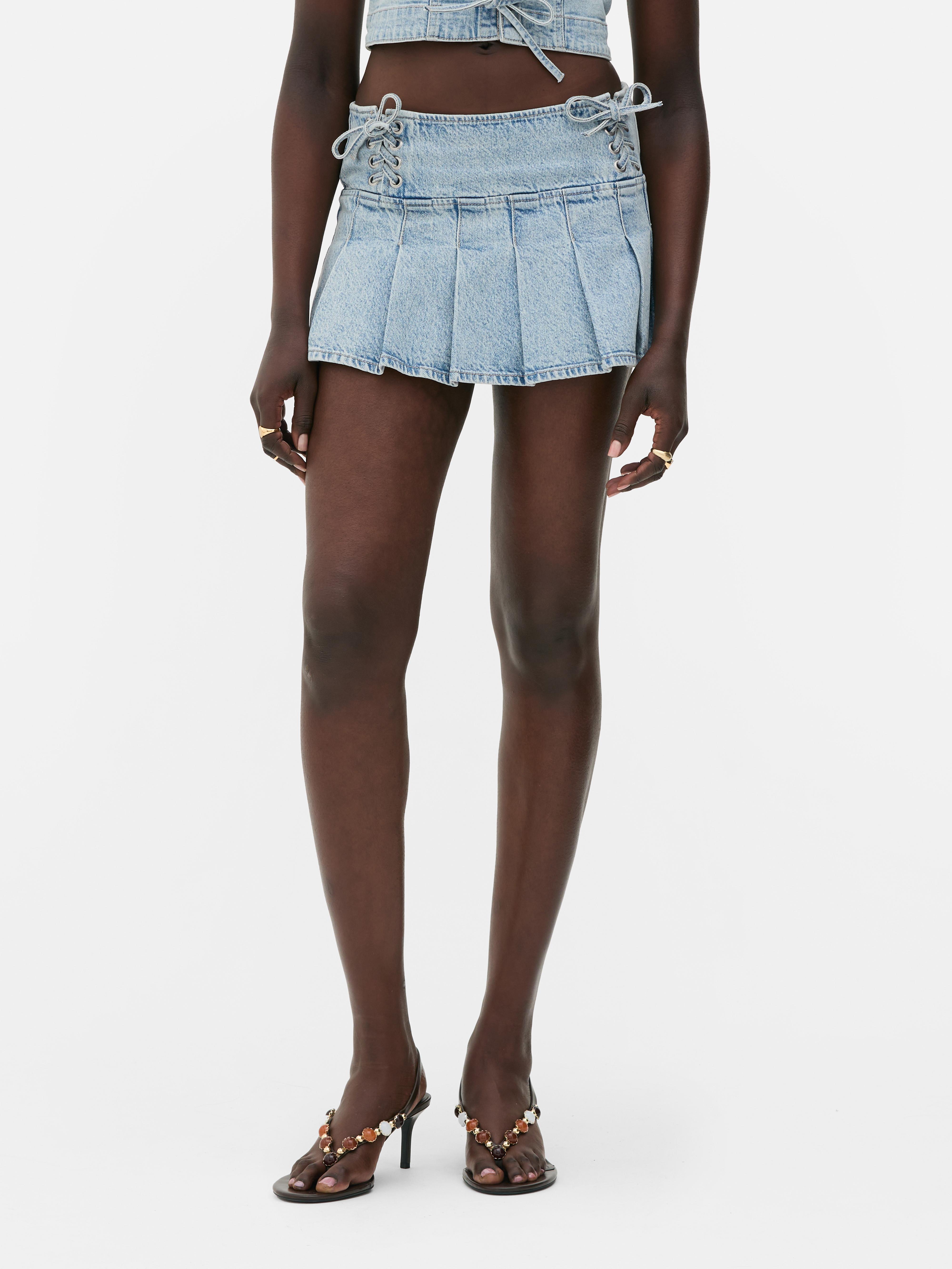 Rita Ora Lace-Up Denim Mini Skirt