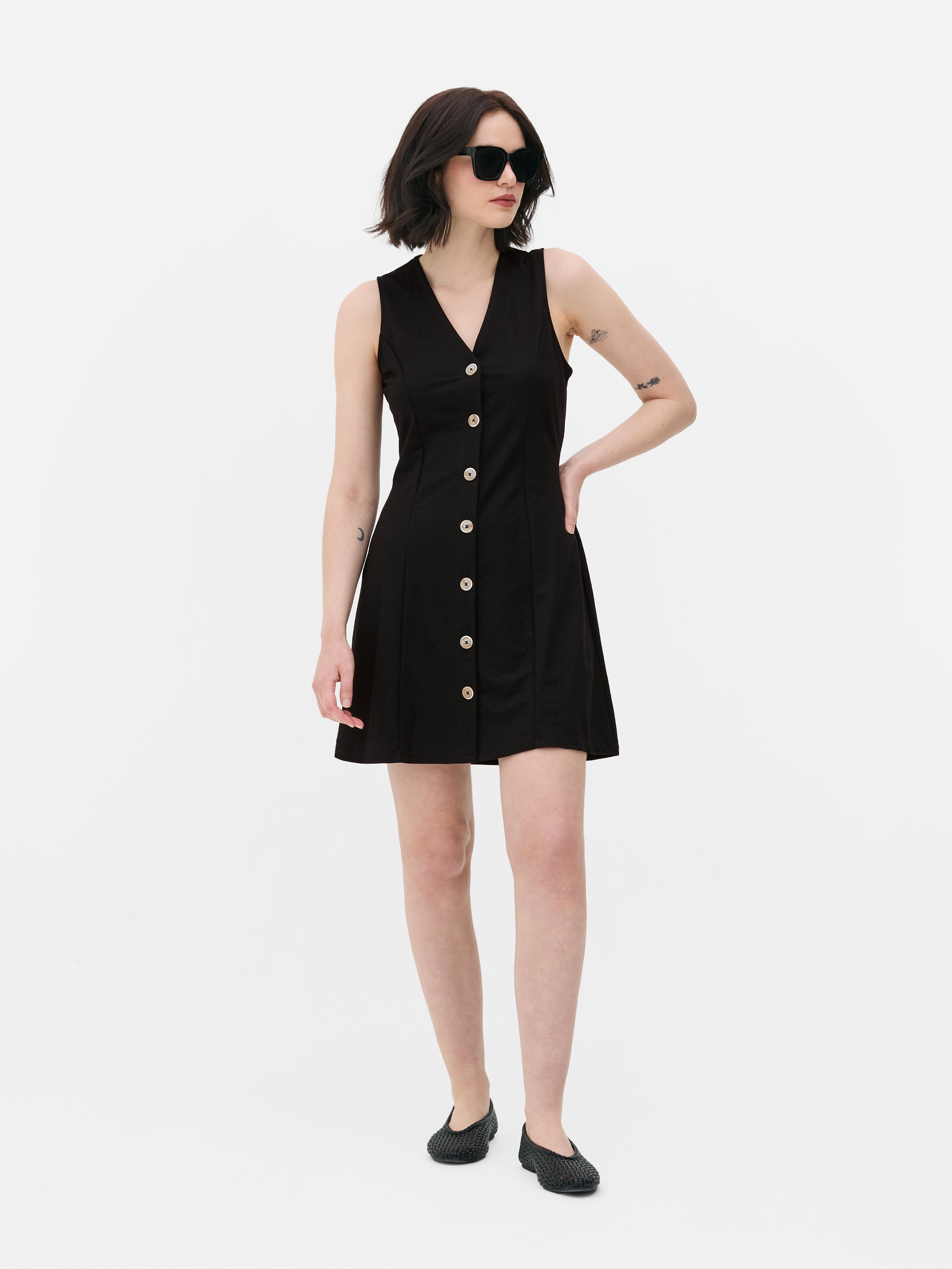 Tie Back Waist Mini Dress Button through mini dress with a tie back waist and a v-neckline
