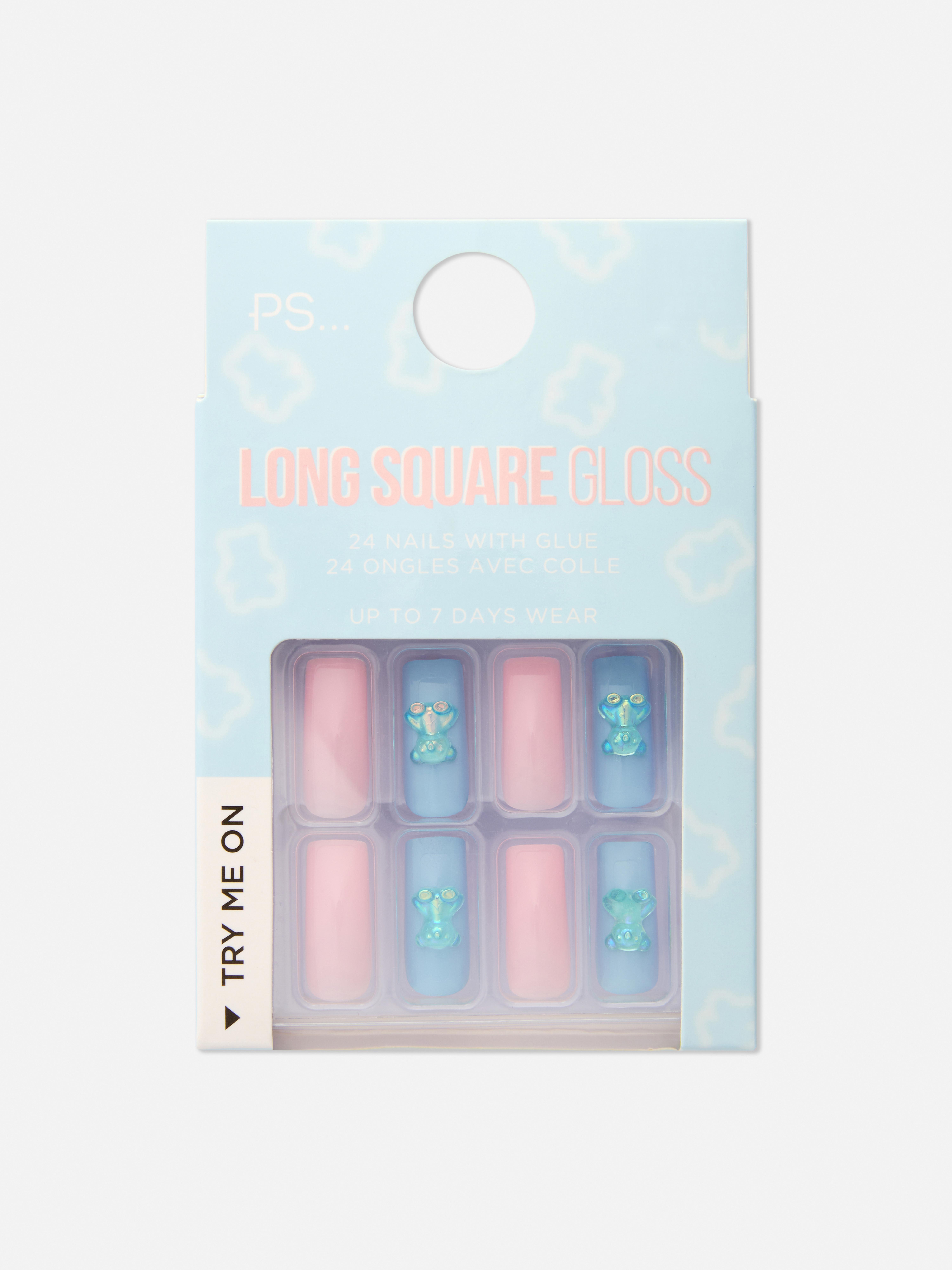 Unhas postiças quadradas brilho ursinho peluche PS...