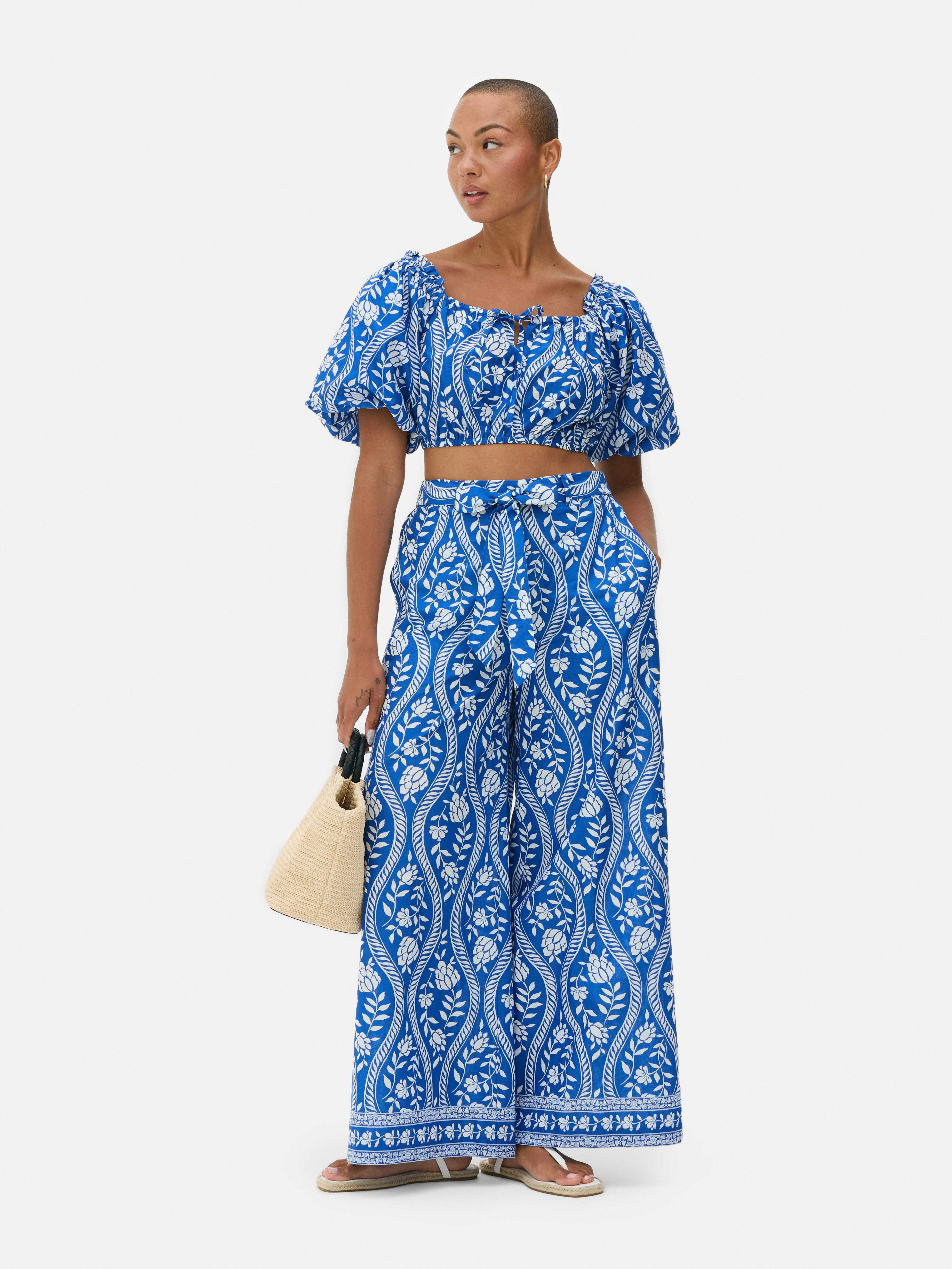 Printed Puff Sleeve Crop Top