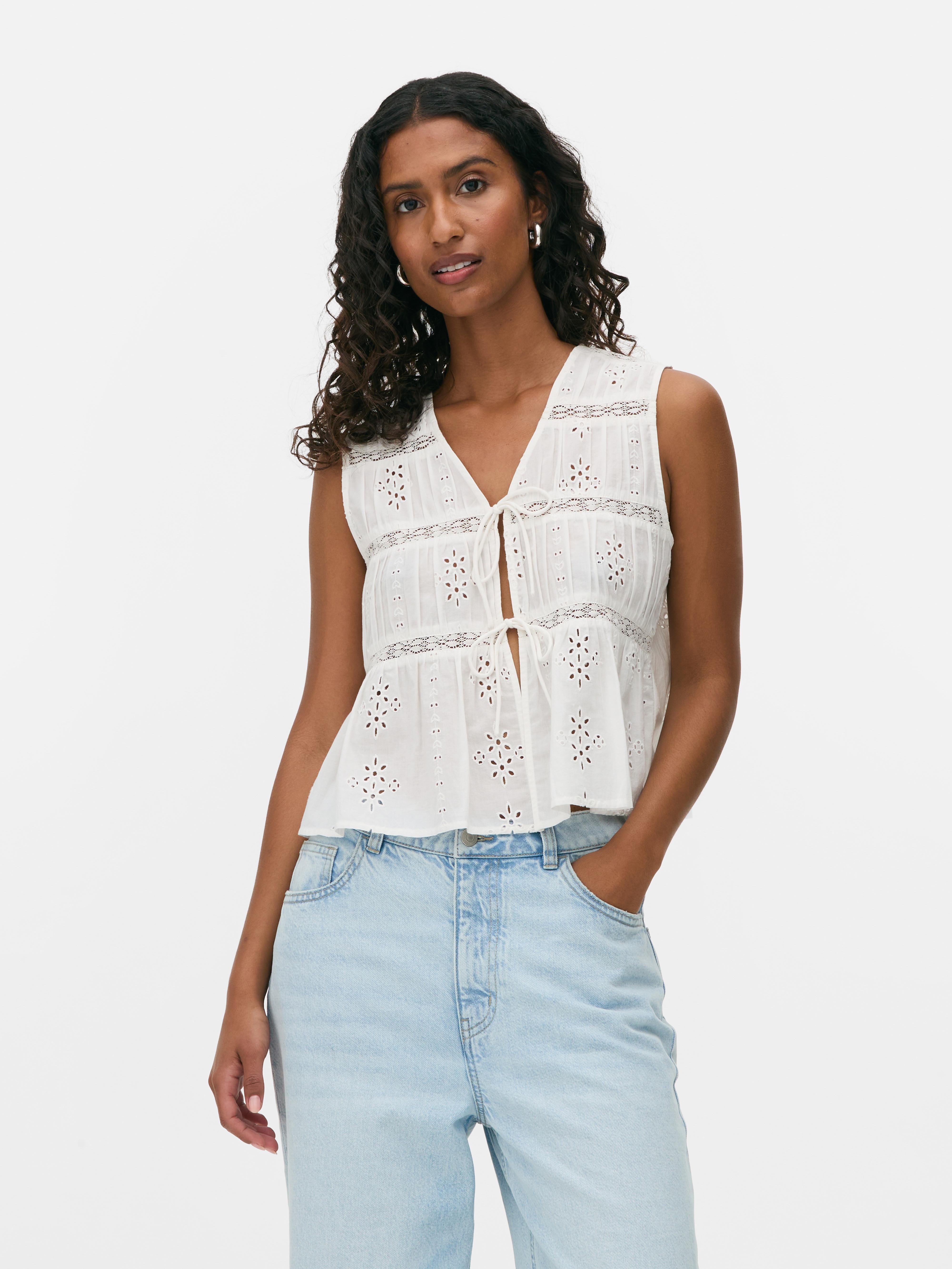 トップス tie tops white Women's White Cutwork Tie Front Top | Primark