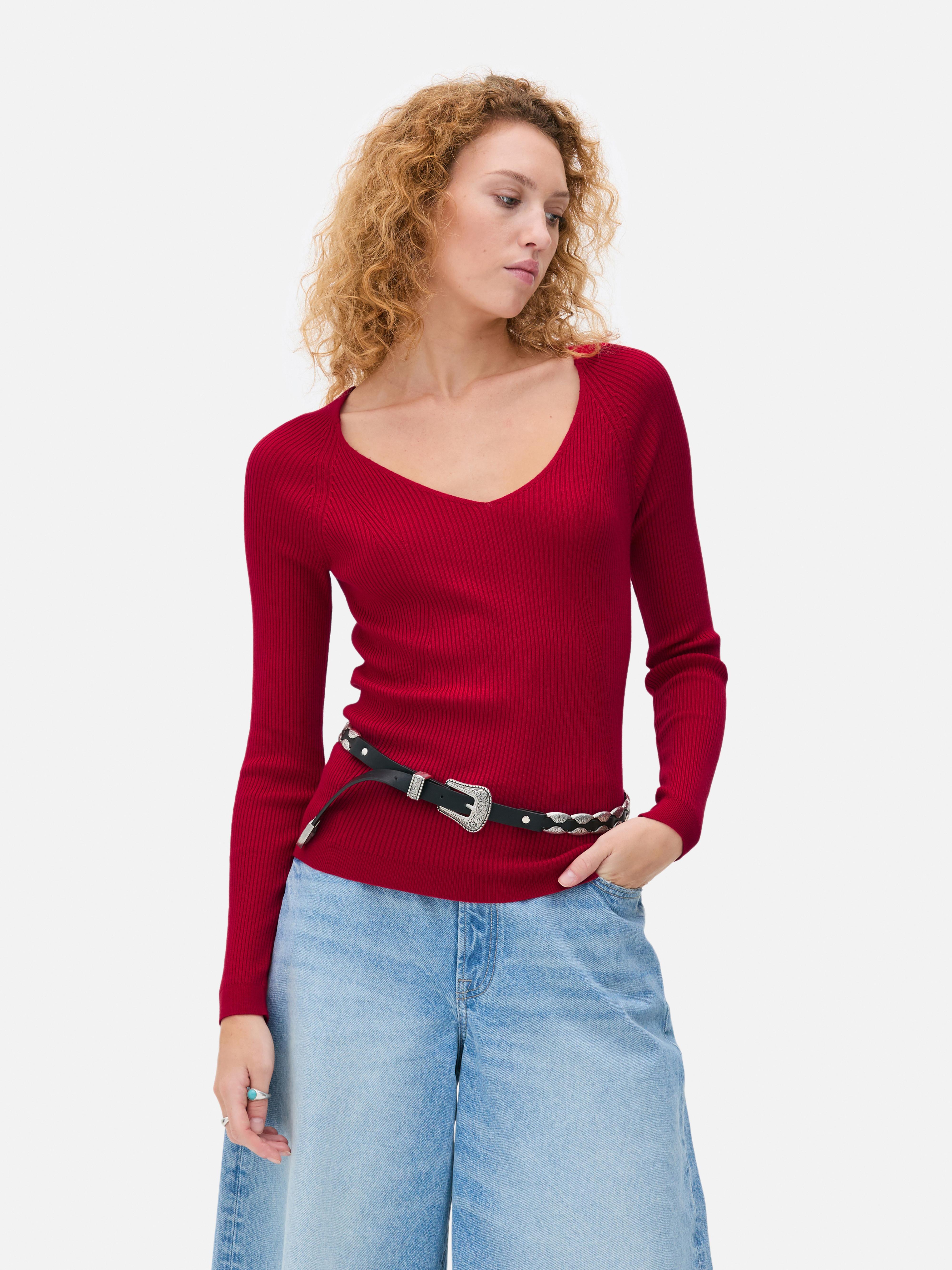 Long Sleeve Ribbed Sweater Red