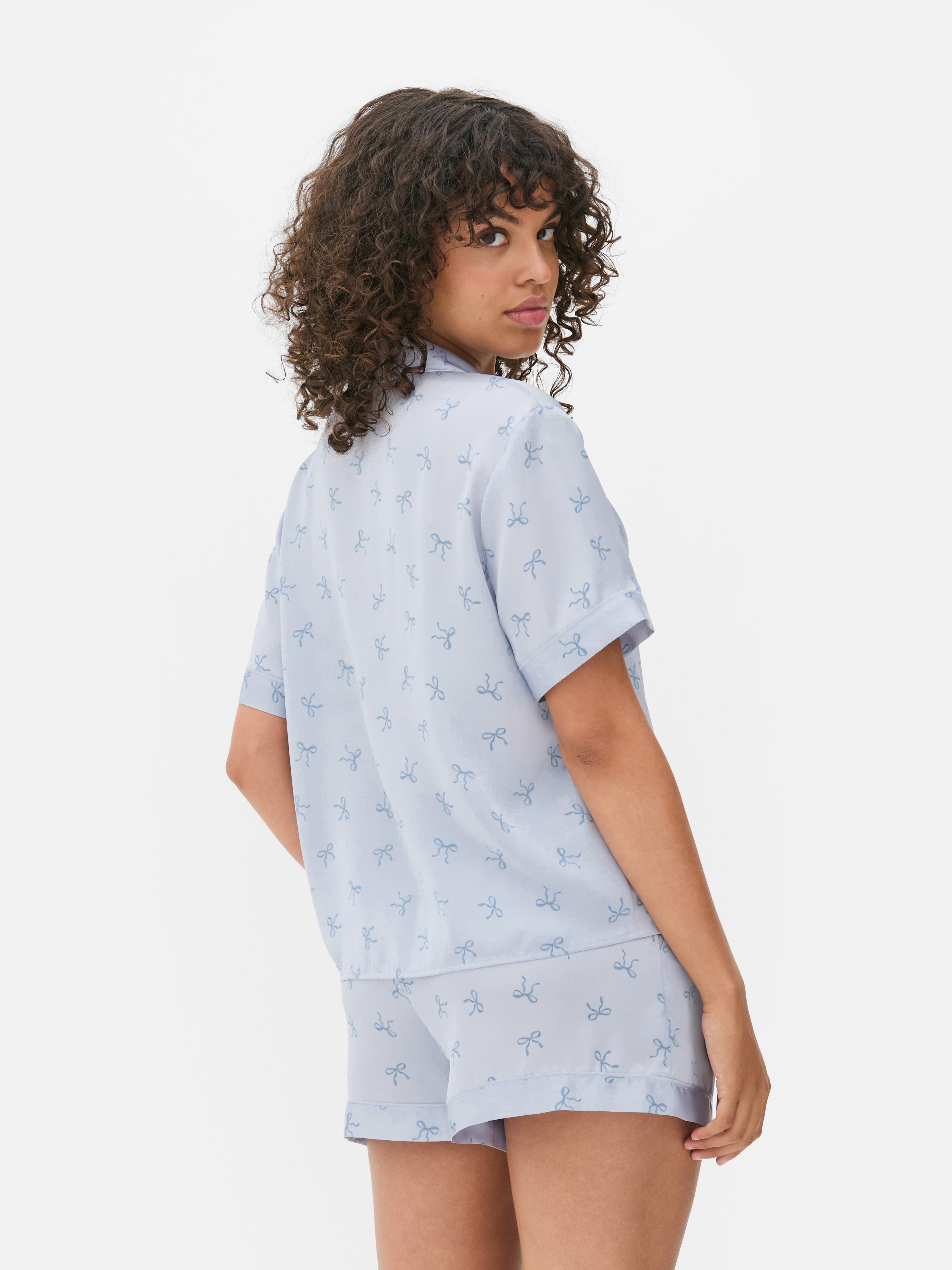 Set de pijamale scurte boyfriend din satin cu imprimeu