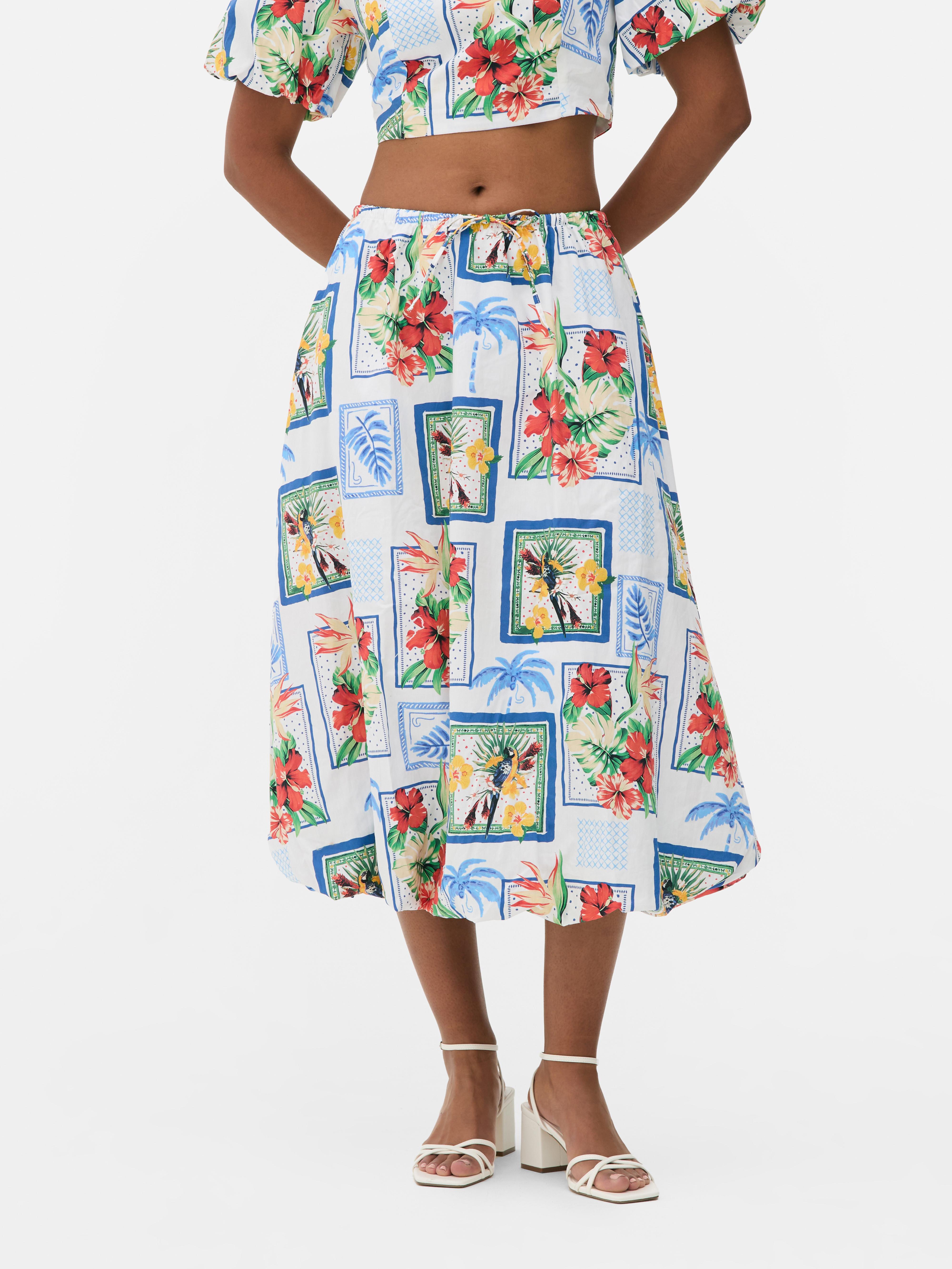 Tropical Puffball Midi Skirt