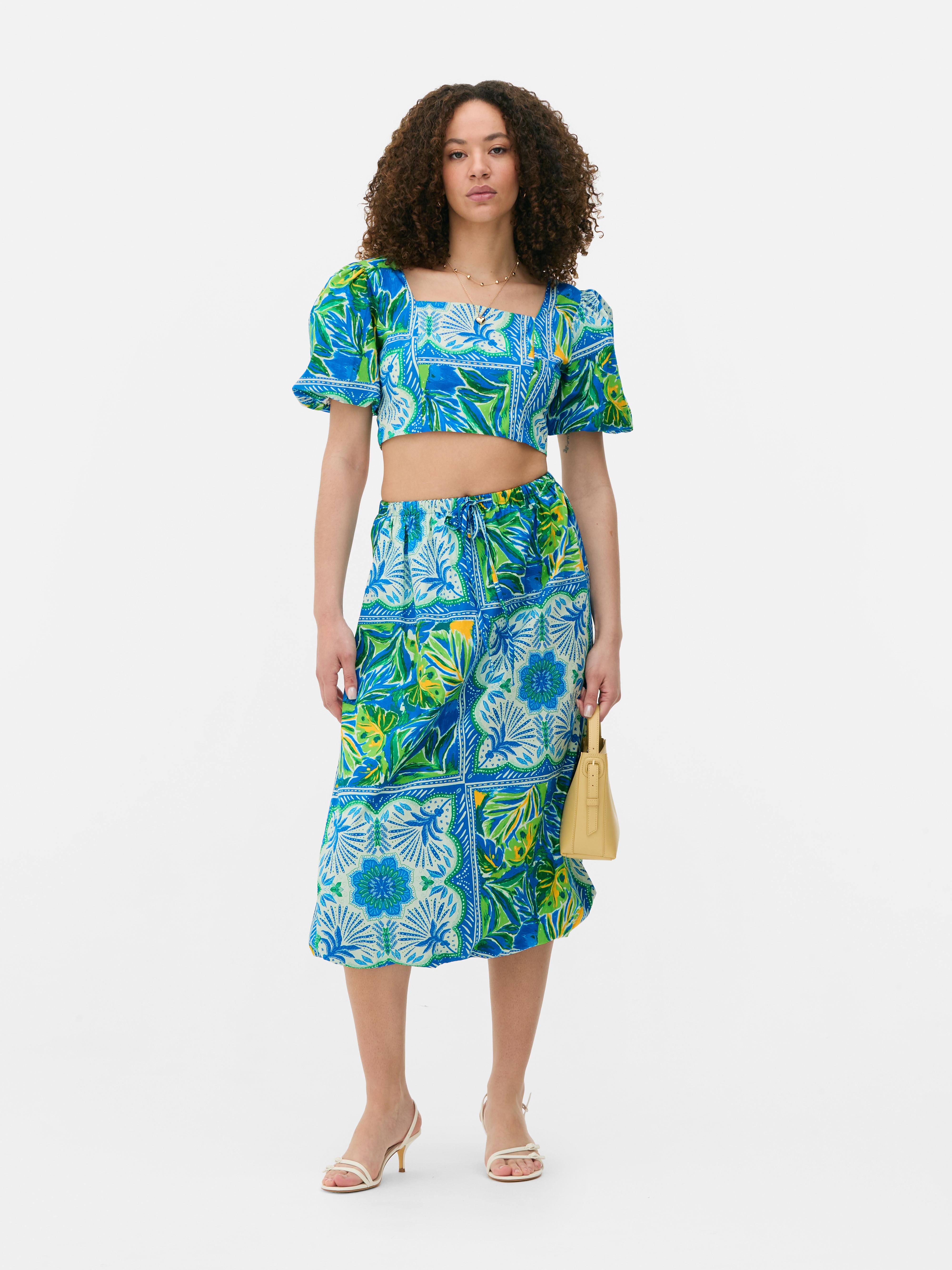 Tropical Print Puff Sleeve Top