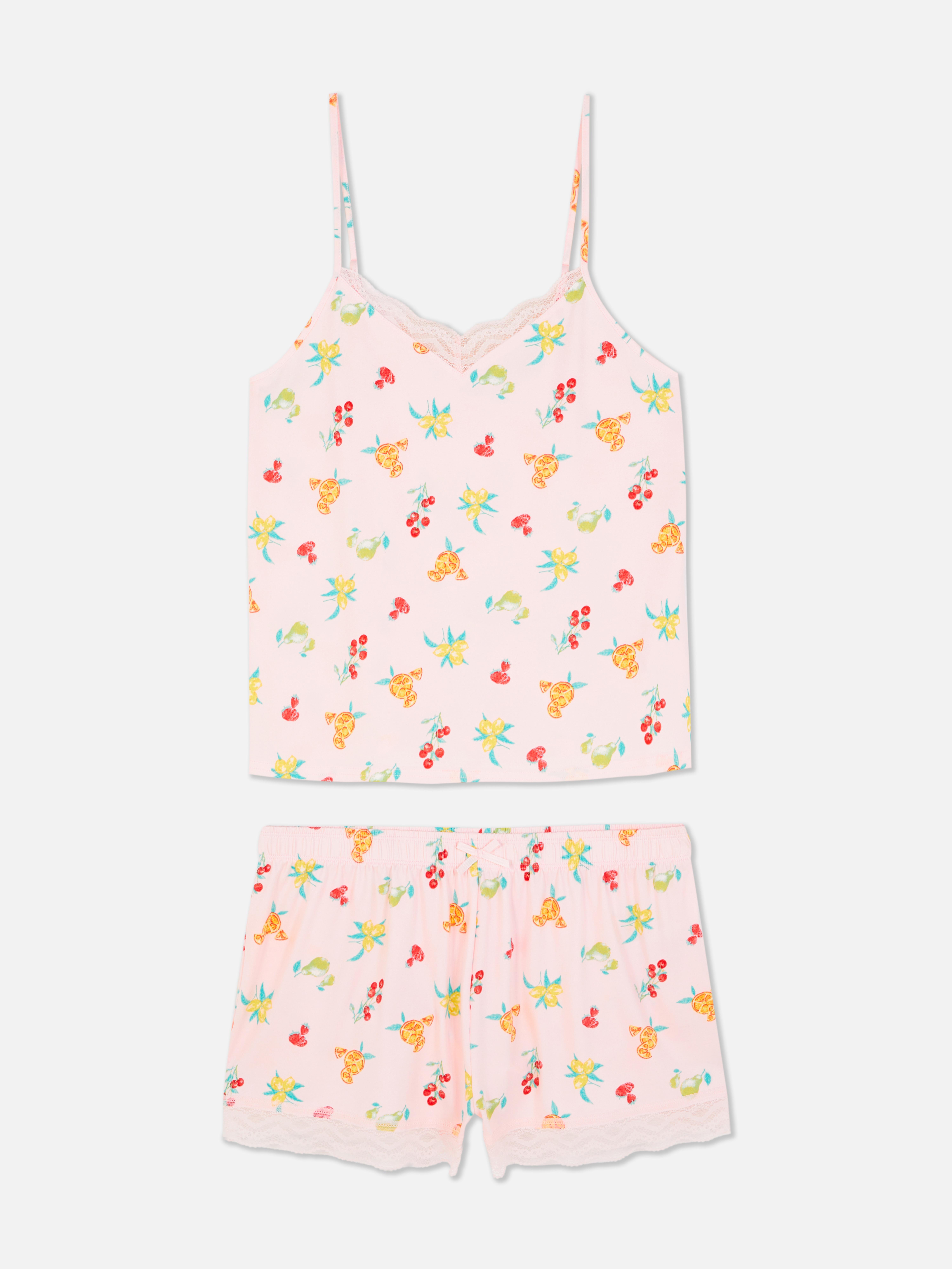 Pijama top alças estampado frutas cor-de-rosa