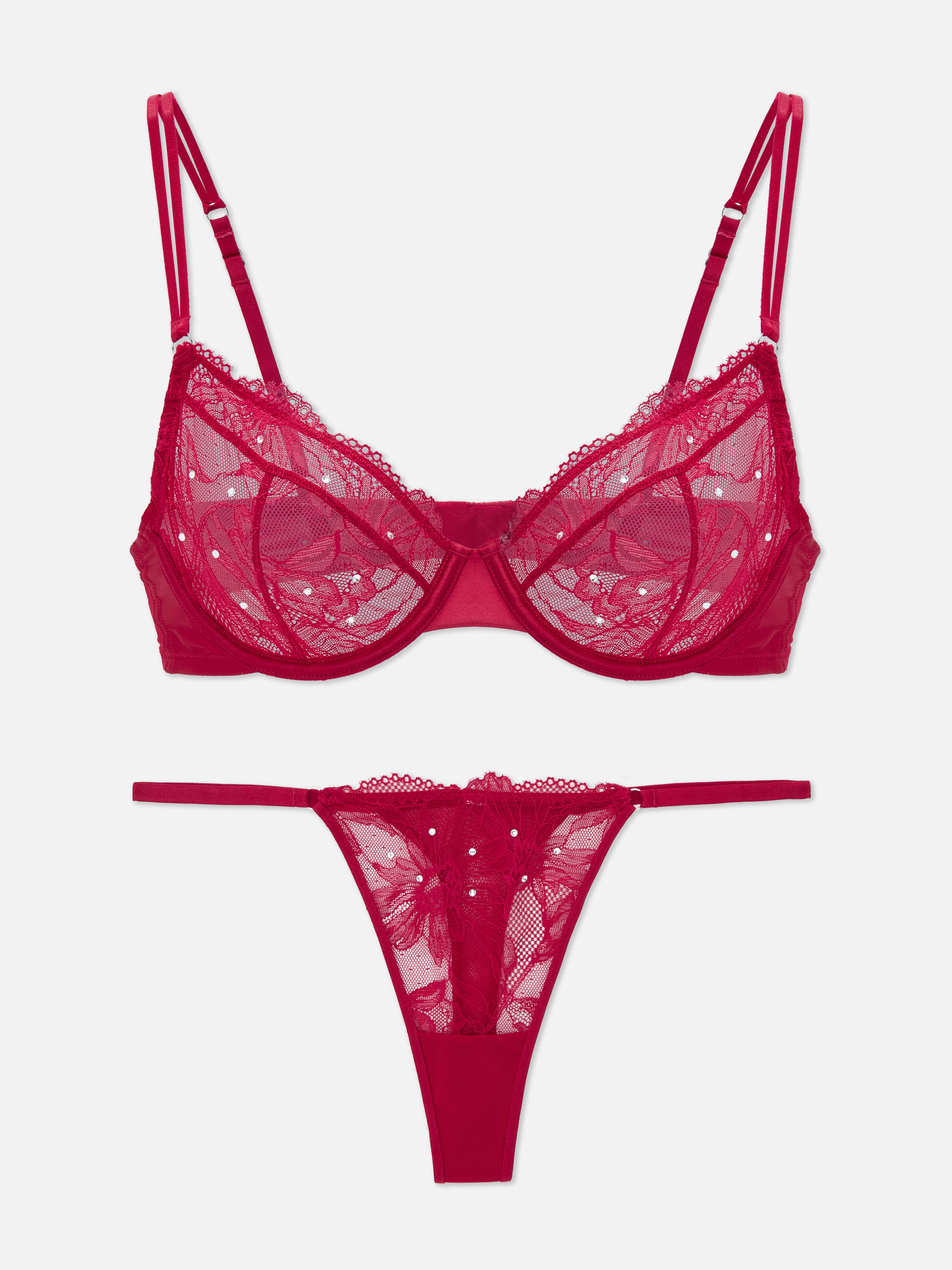 Women's Red Non Padded Lace Bra and Underwear Set