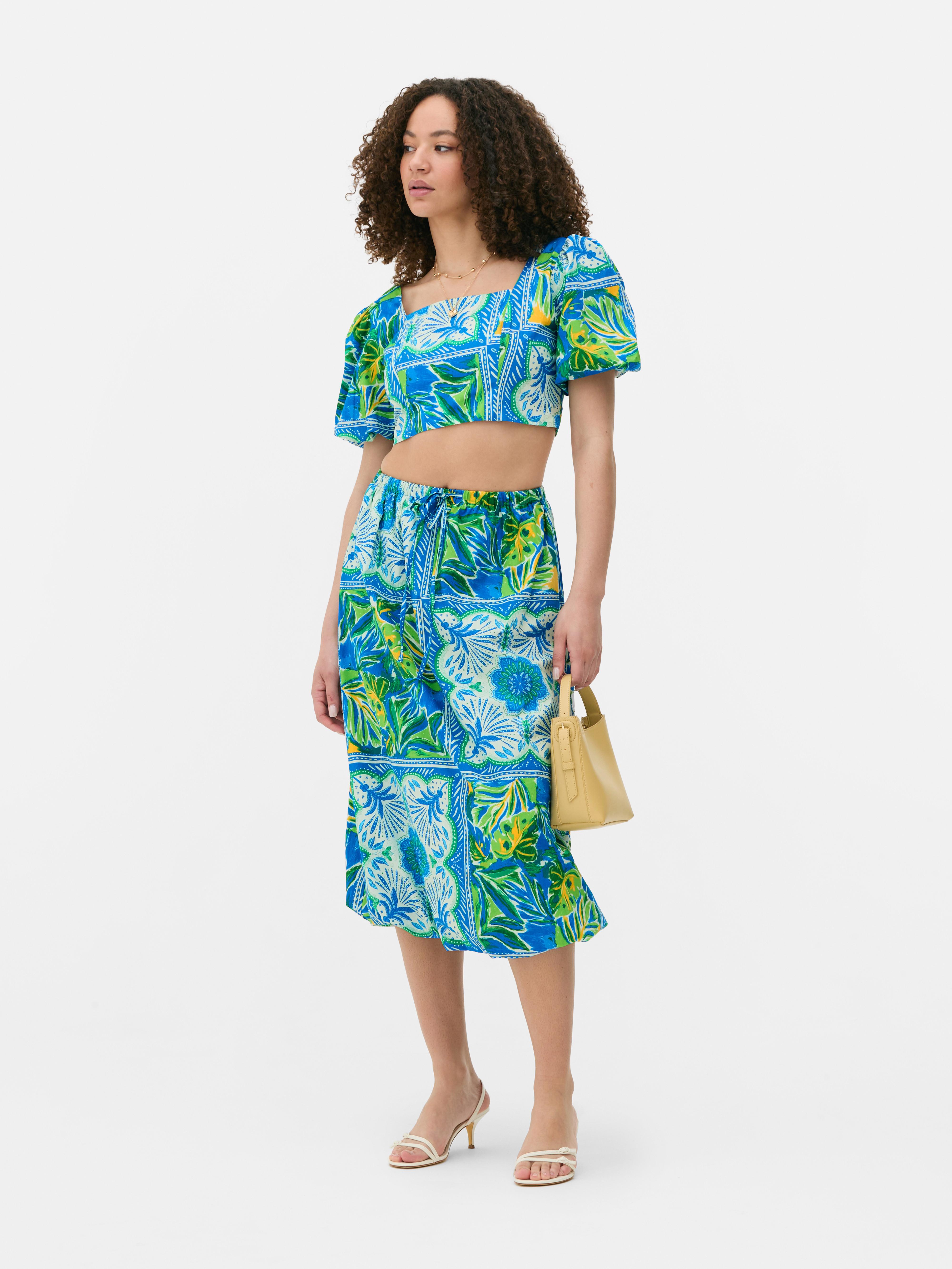 Tropical Print Puffball Midi Skirt