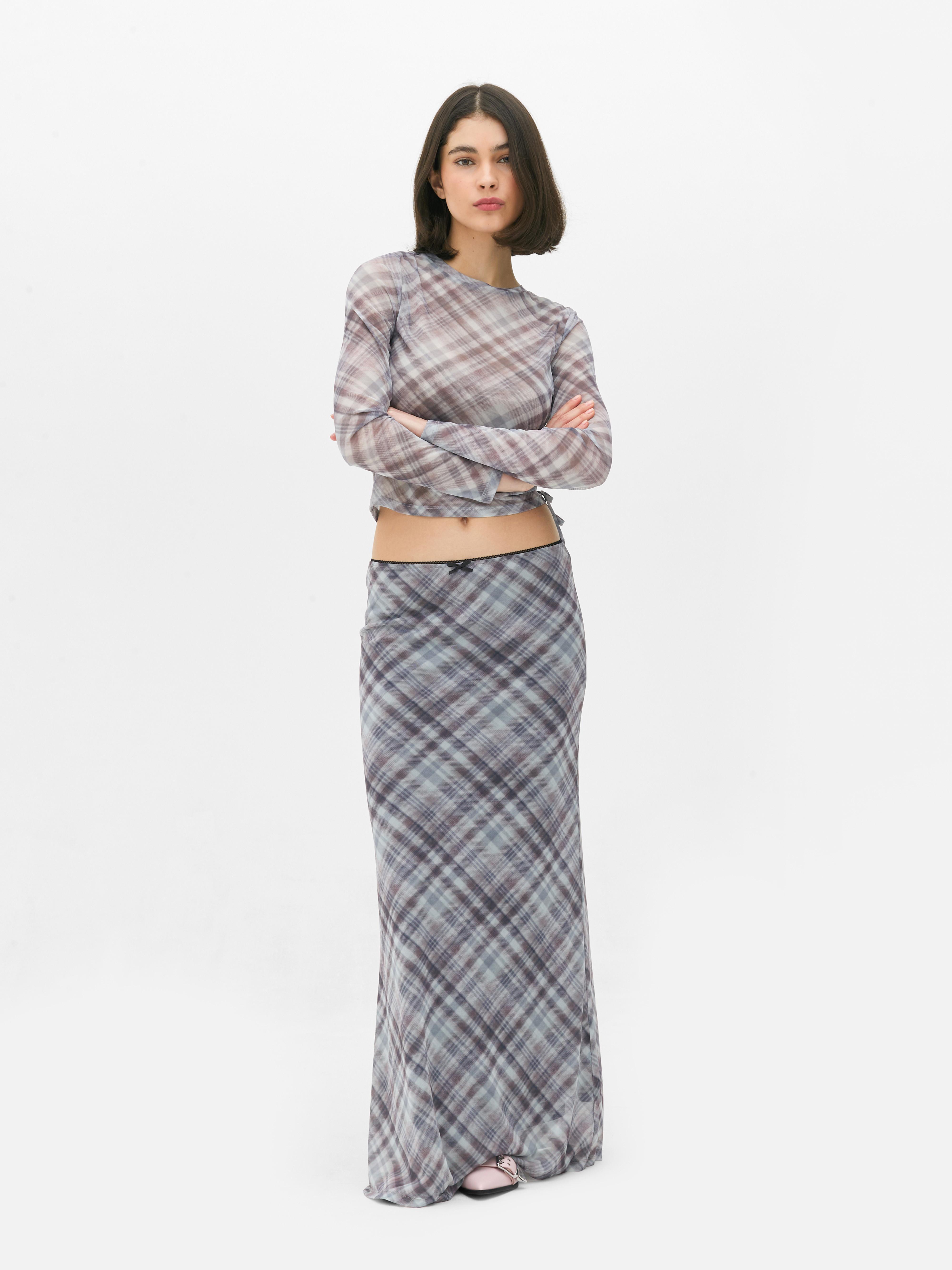 Mesh Check Midi Skirt