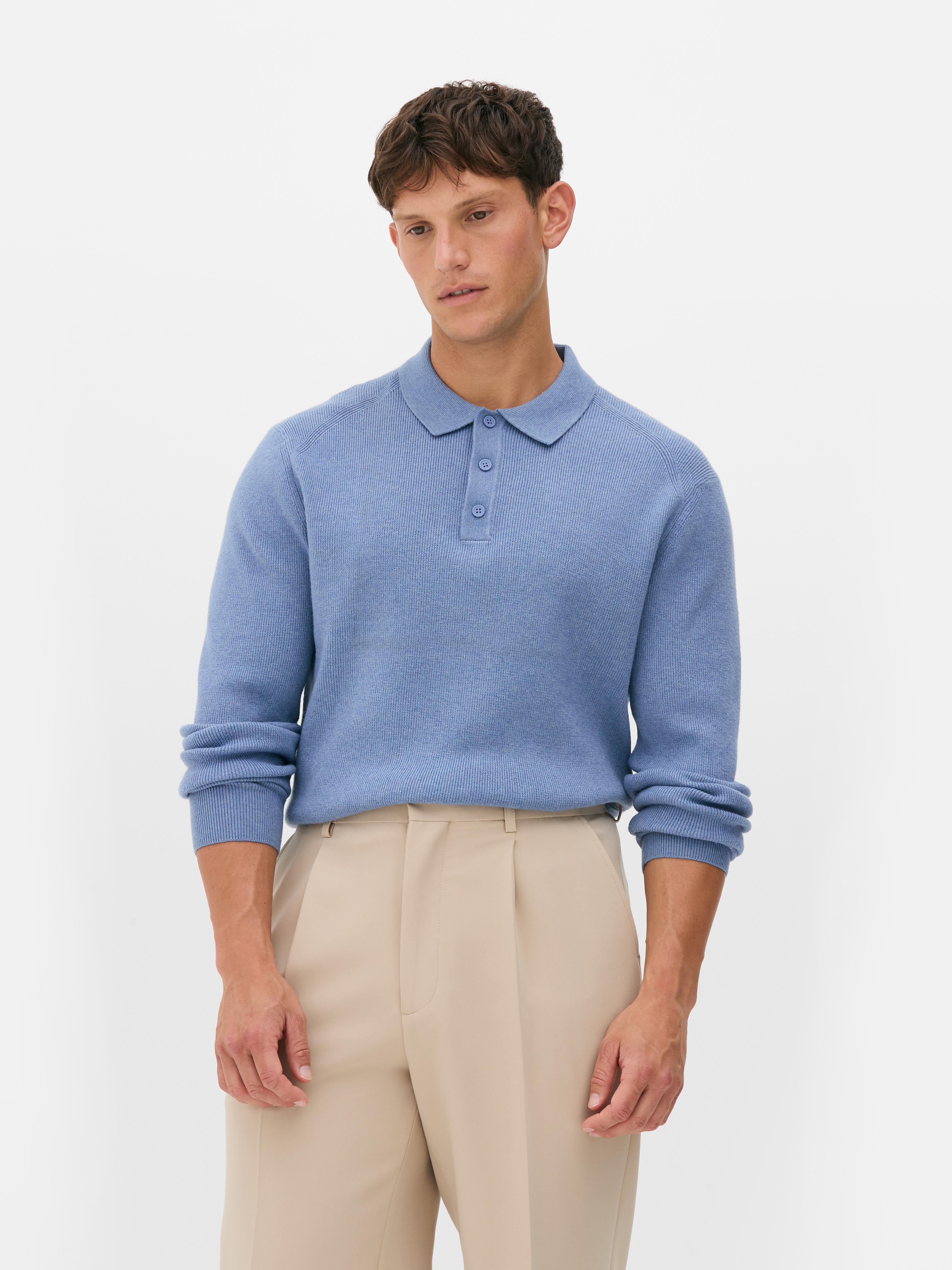 Gerippter Pullover mit Polokragen Blau