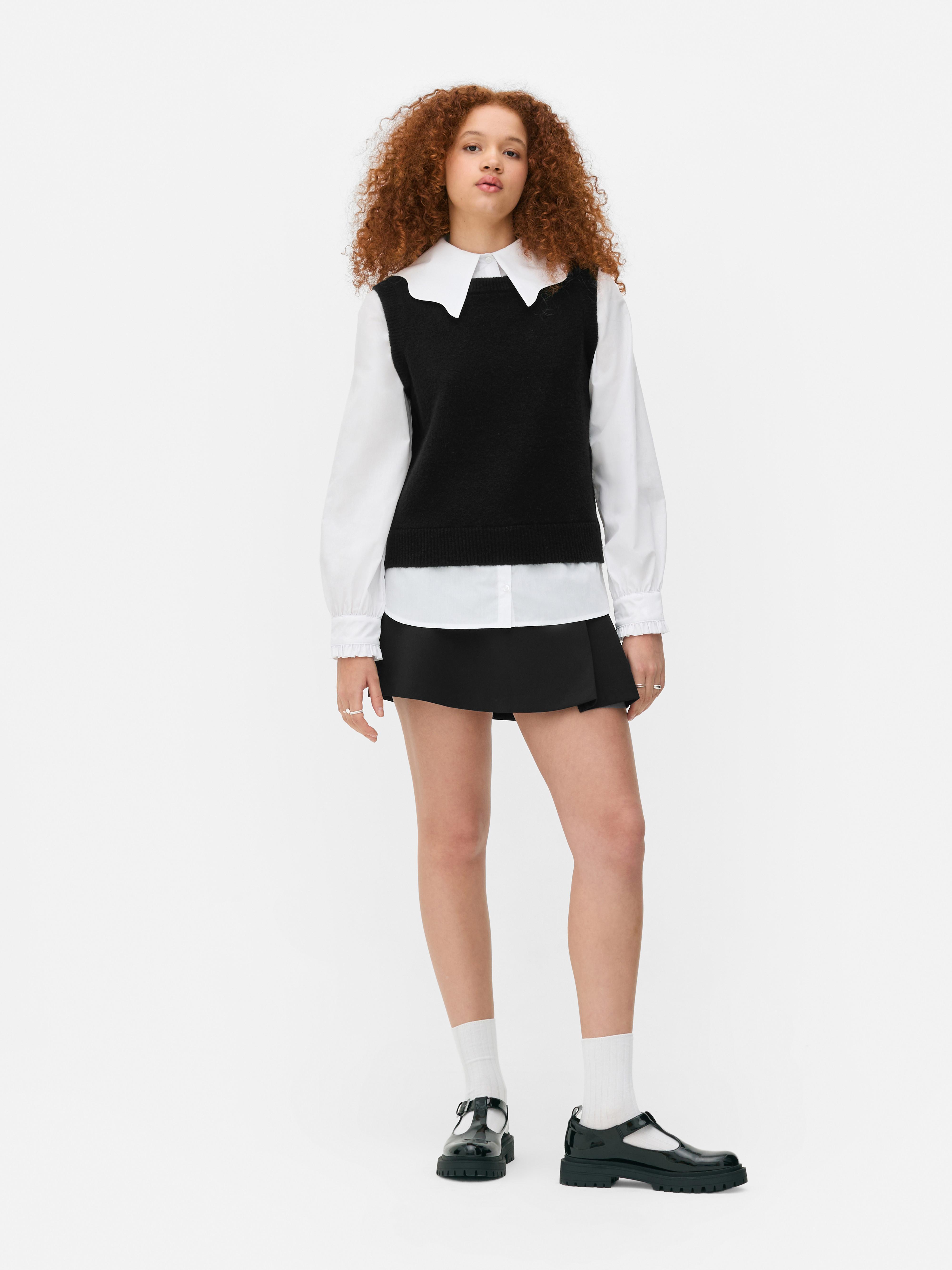 Frill Collar Shirt & Sleeveless Jumper