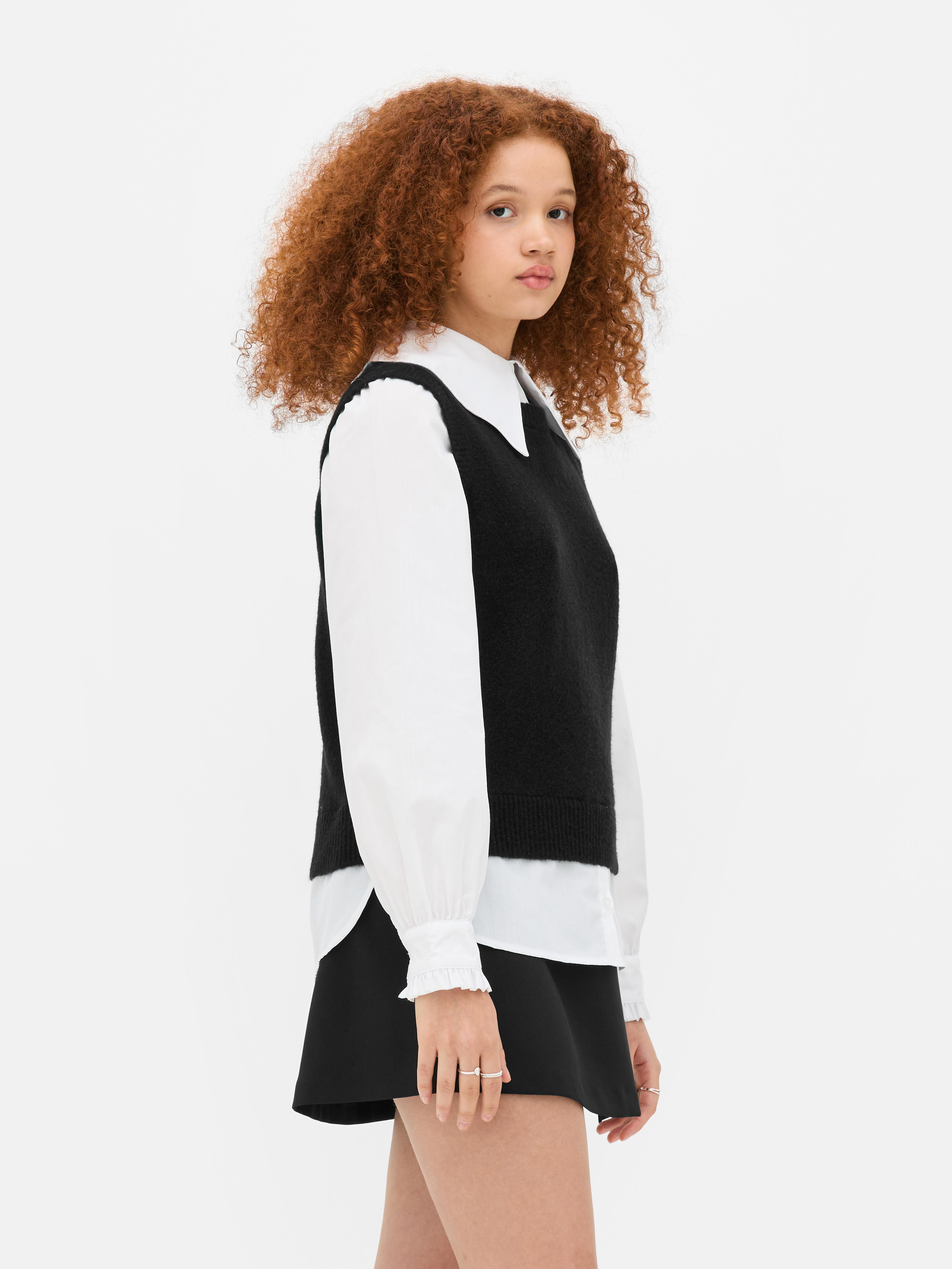 Frill Collar Shirt & Sleeveless Jumper
