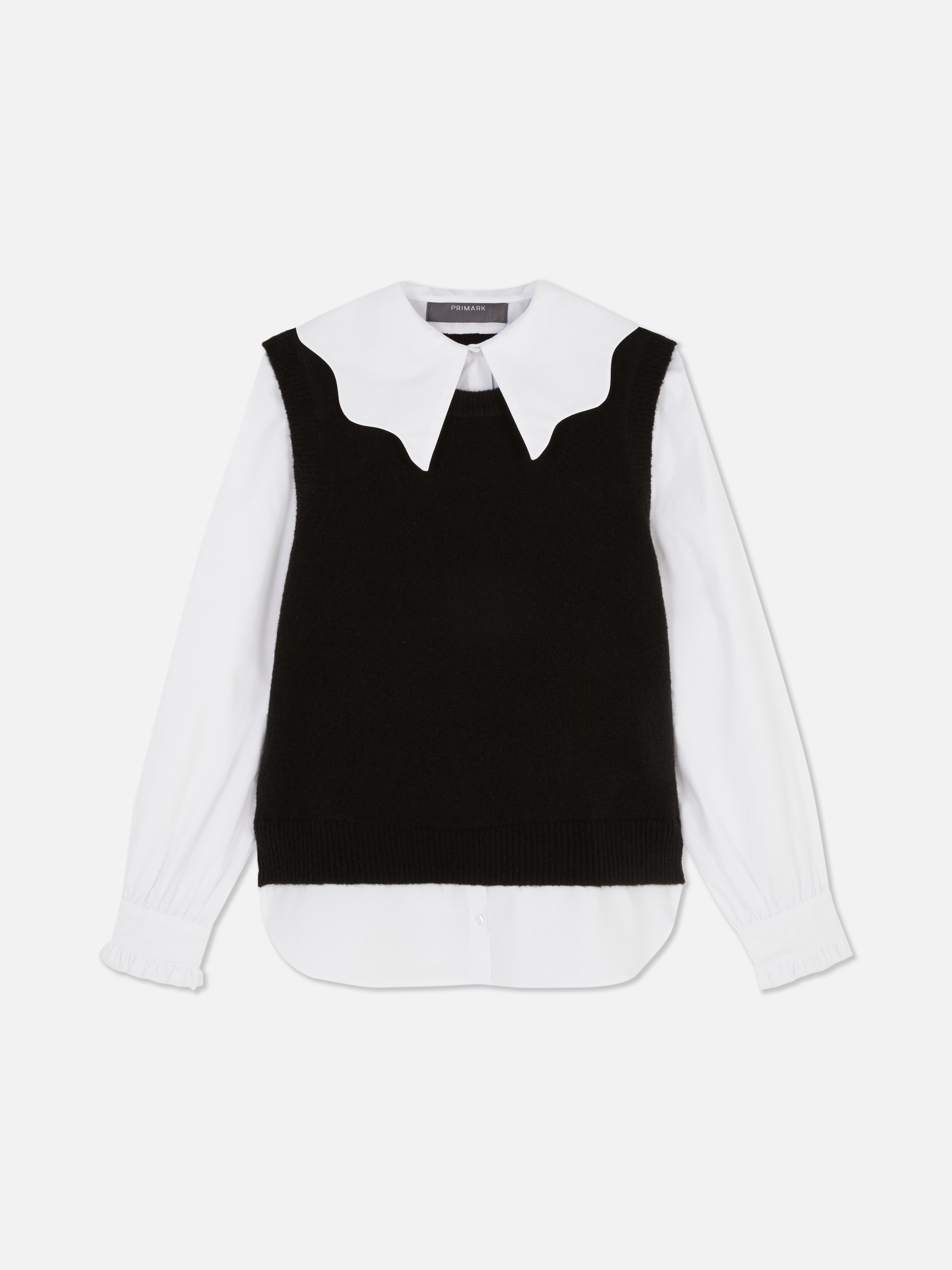 Frill Collar Shirt & Sleeveless Jumper