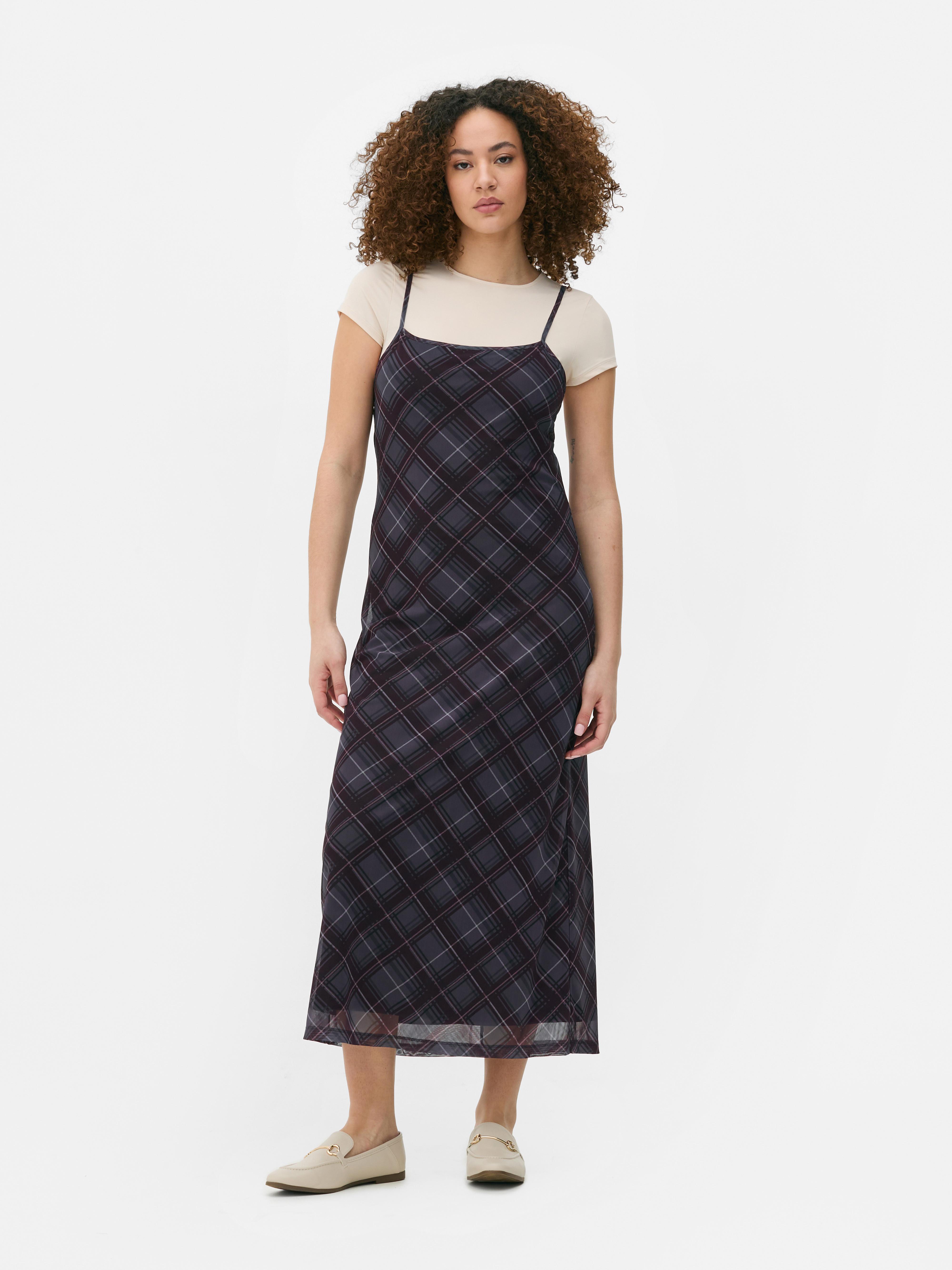 Check Mesh Midi Dress