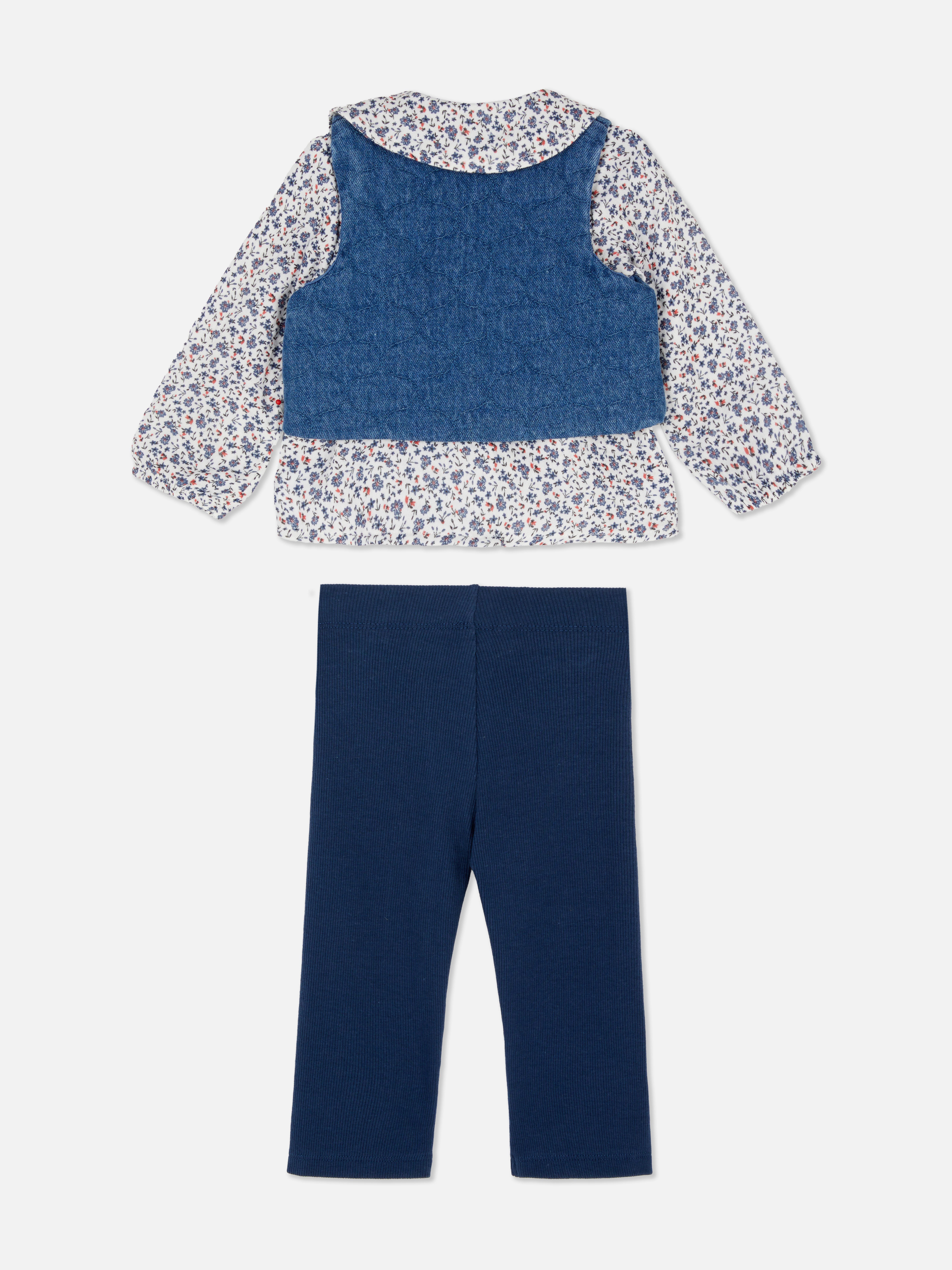 0-36mths | Blouse, Denim Gilet and Leggings Set