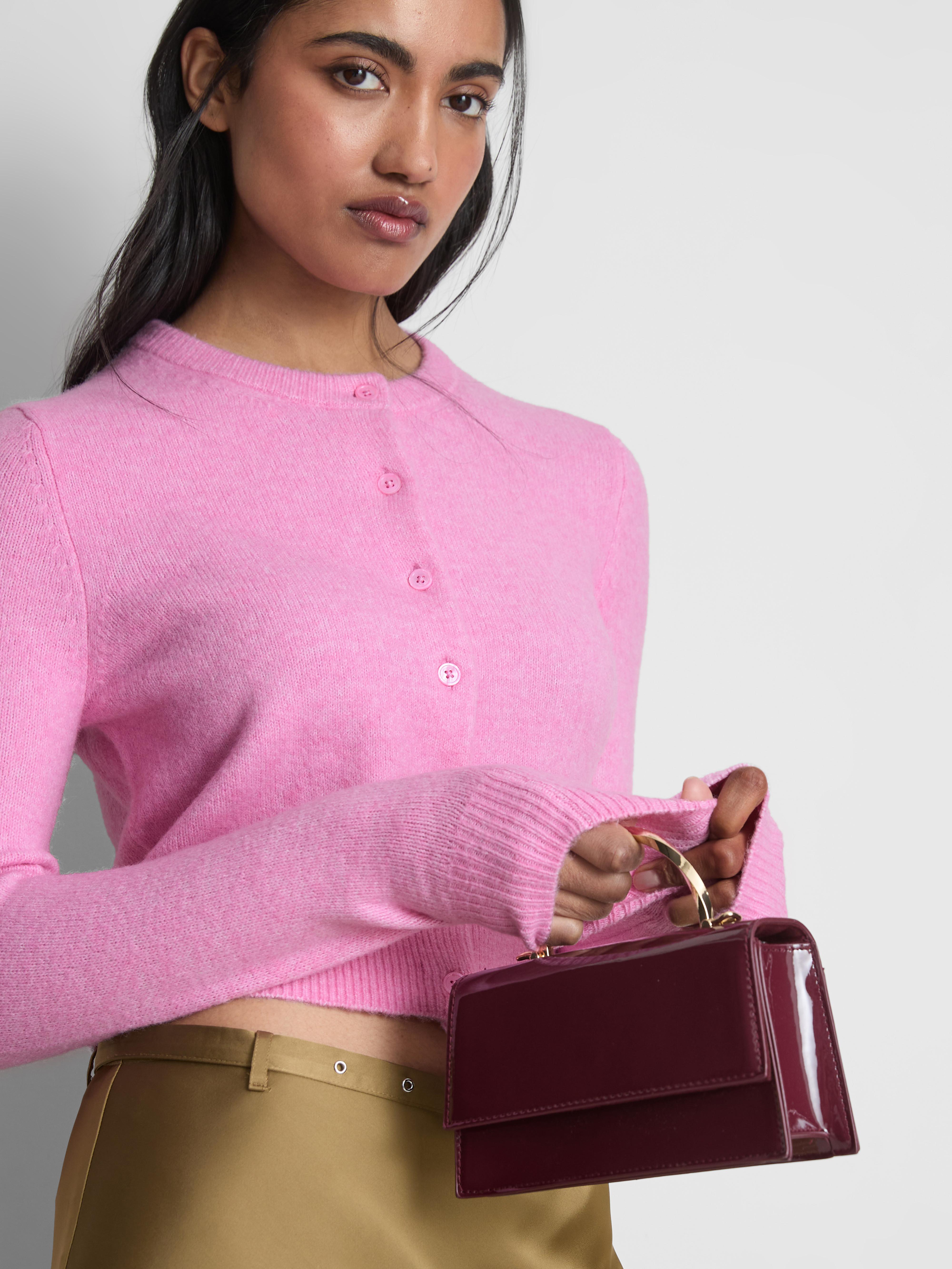 Women's Pink Cropped Crew Neck Cardigan