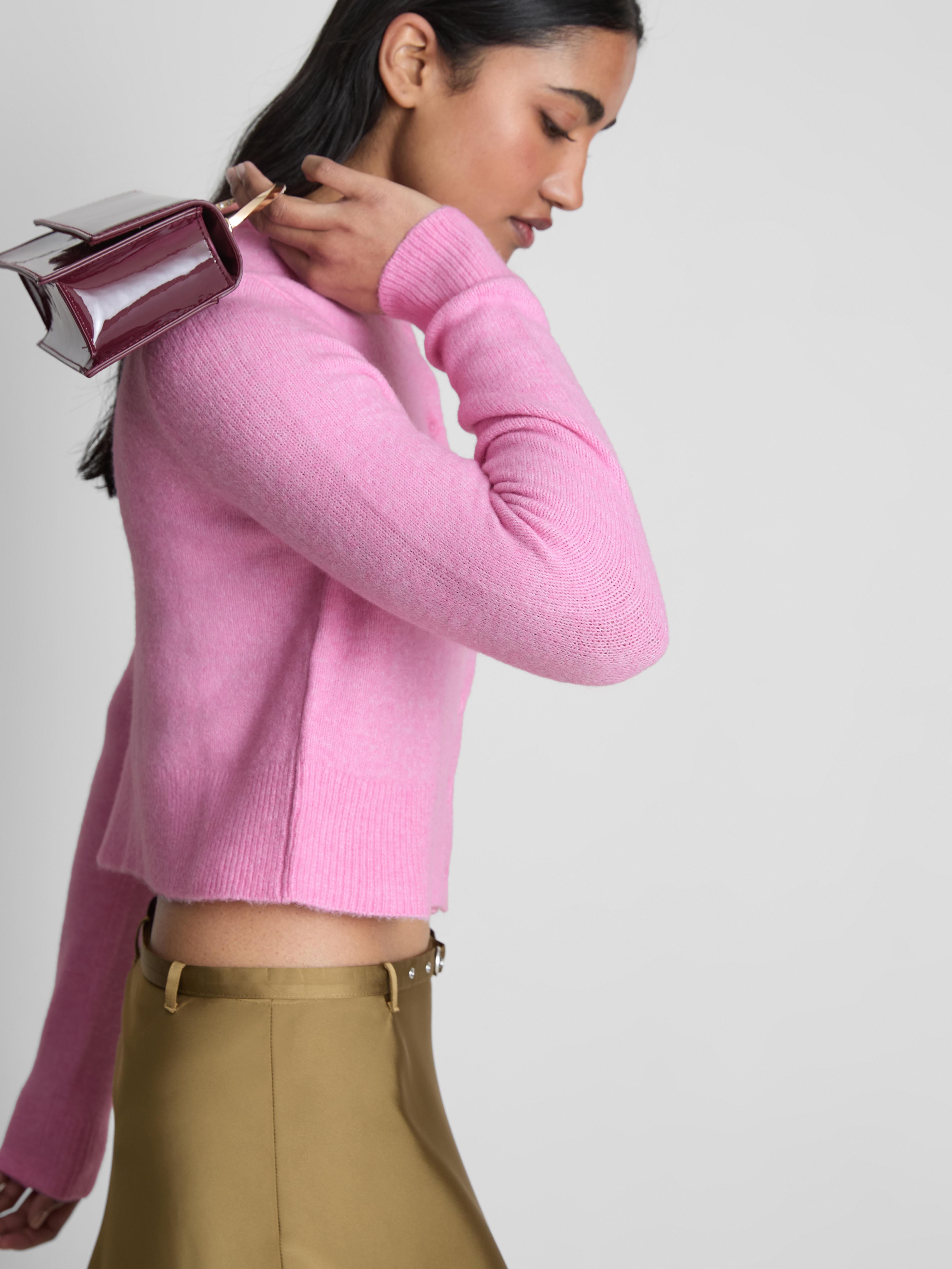 Women's Pink Cropped Crew Neck Cardigan