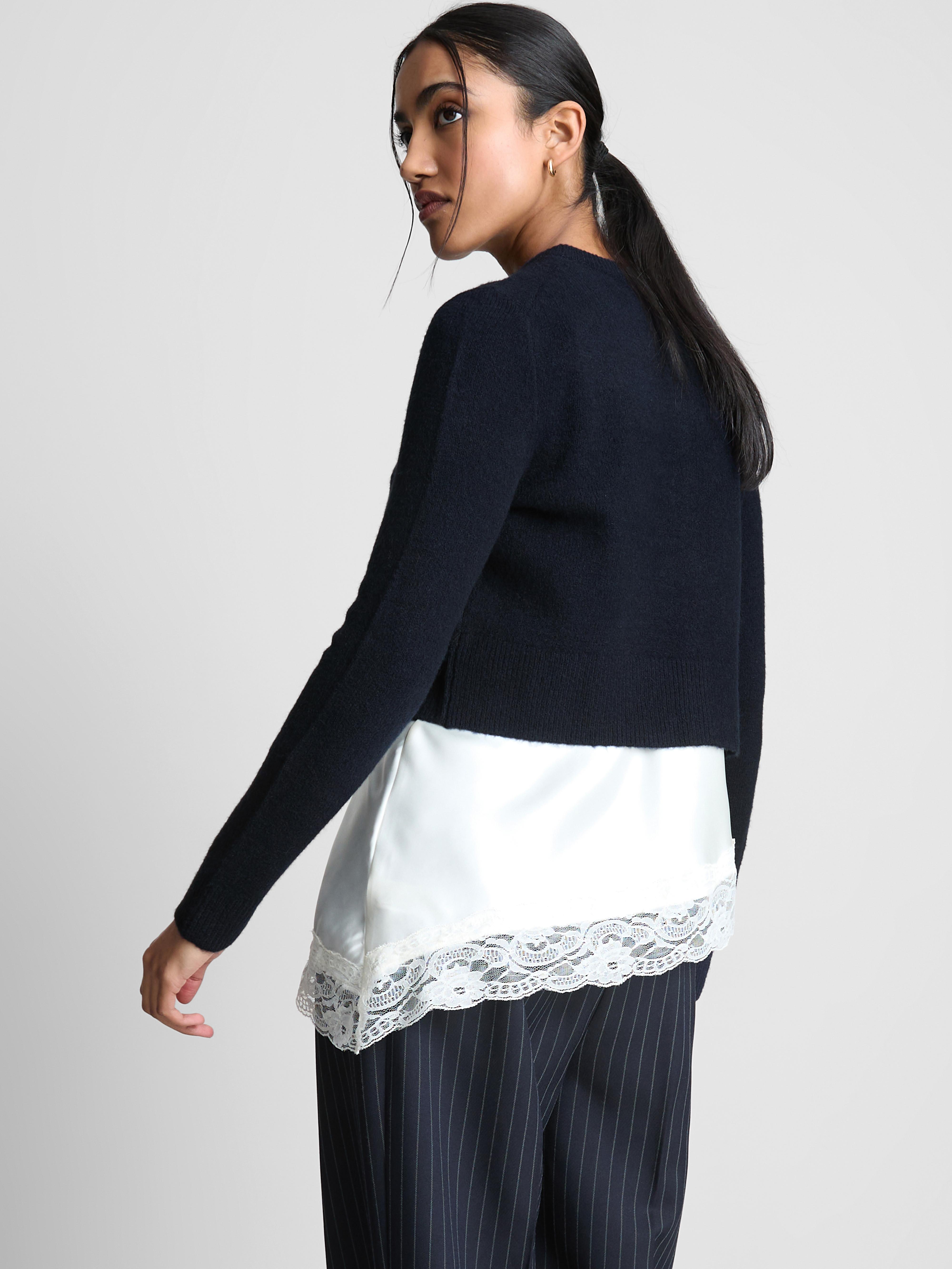 Women's Navy Cropped Crew Neck Cardigan