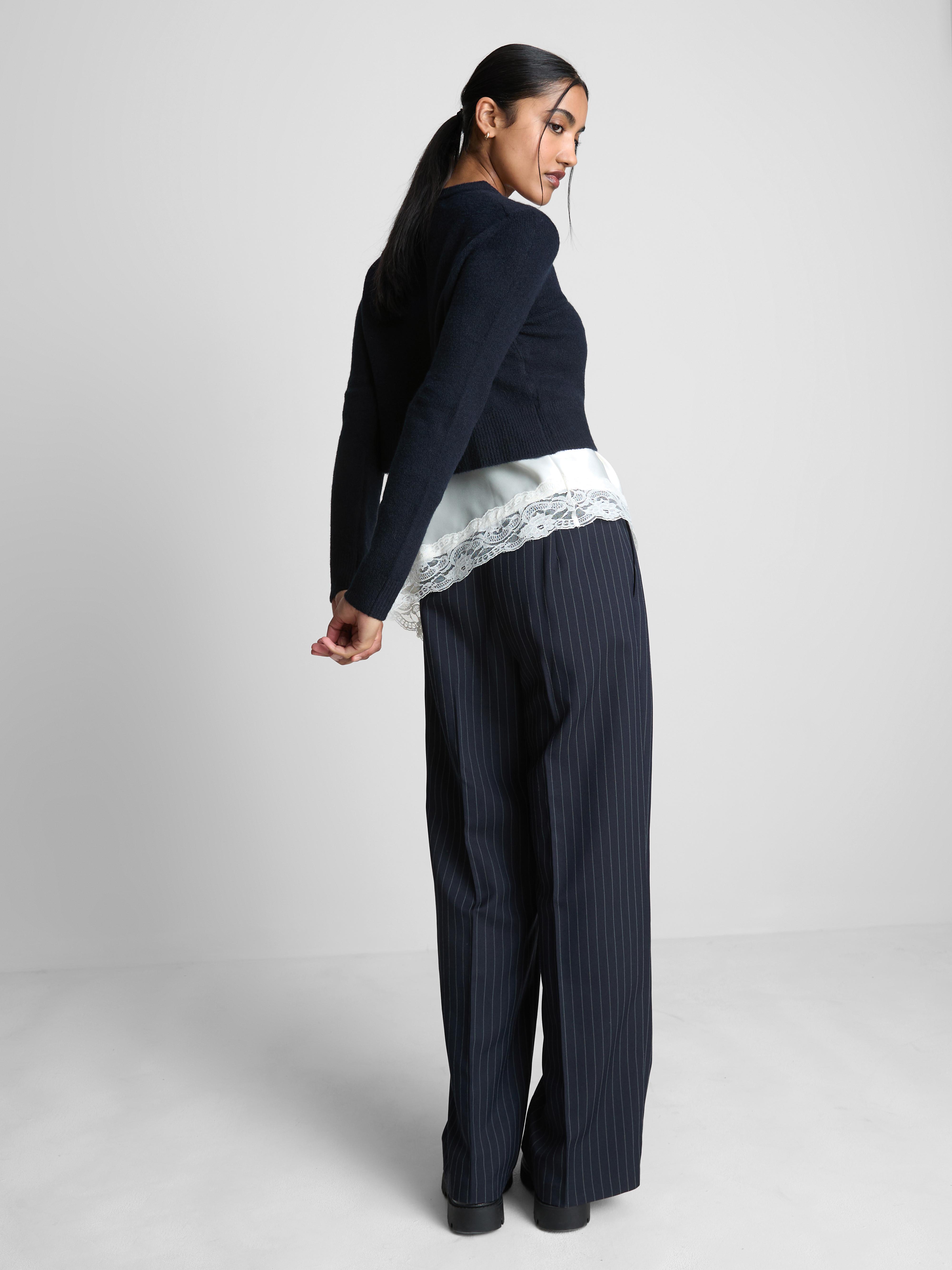 Women's Navy Cropped Crew Neck Cardigan
