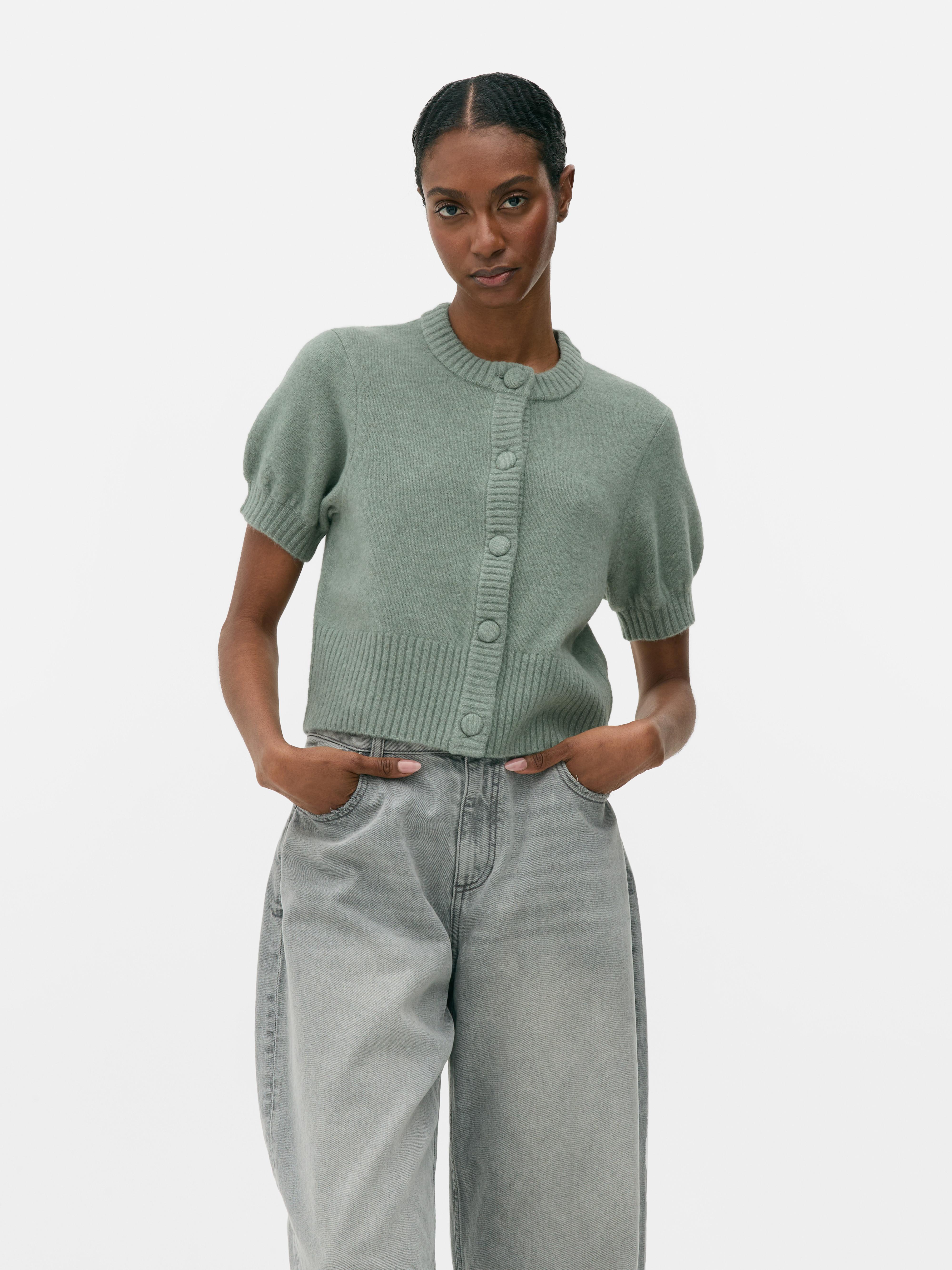 売れ筋商品|||タハリエーエスエル  ニット&セーター アウター レディース Plus Size Short-Sleeve Pointelle Cardigan Pacific Blue Short Puff Sleeve Knit Cardigan – English Factory