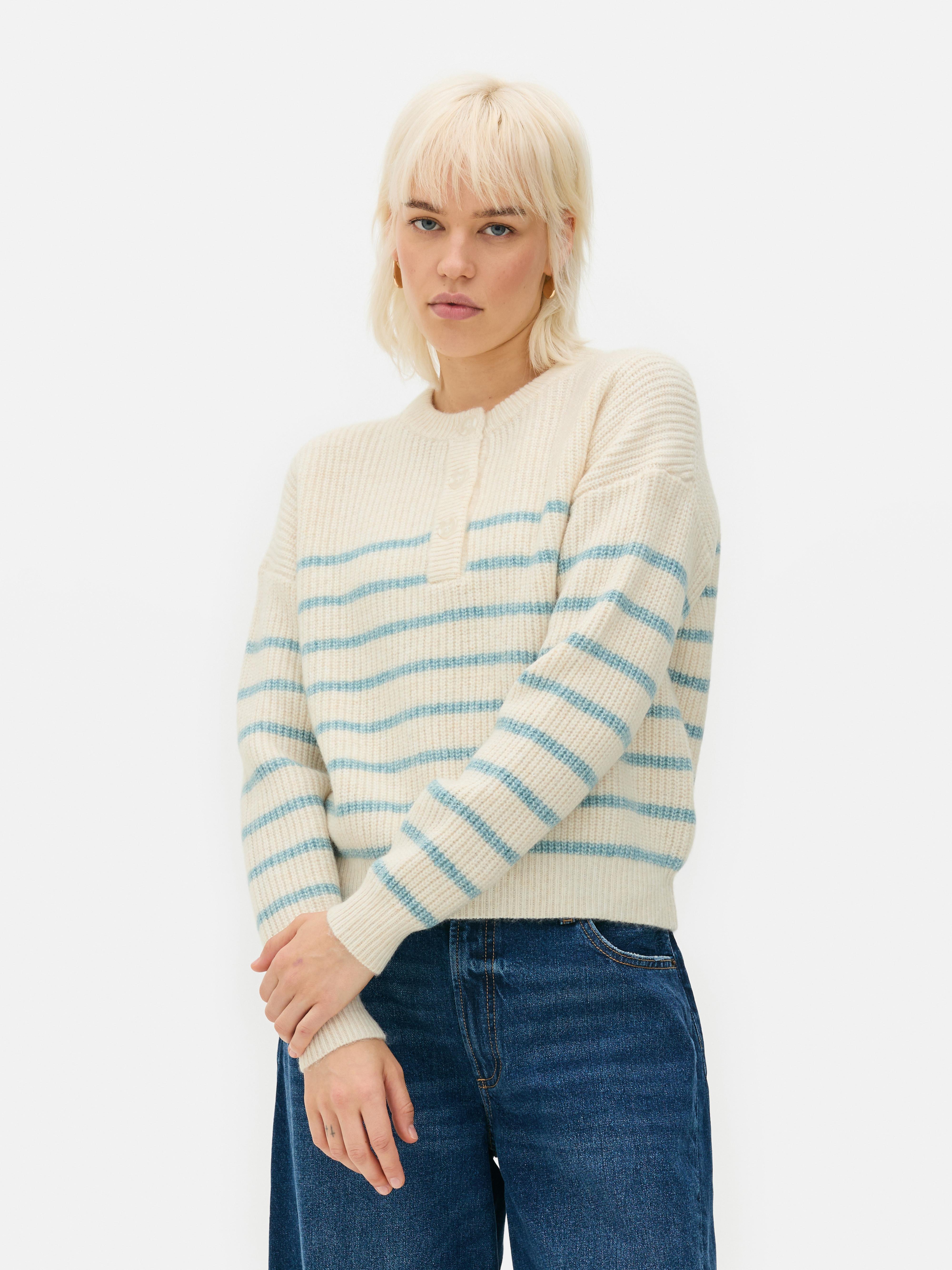 Knitted Button Placket Sweater Ivory