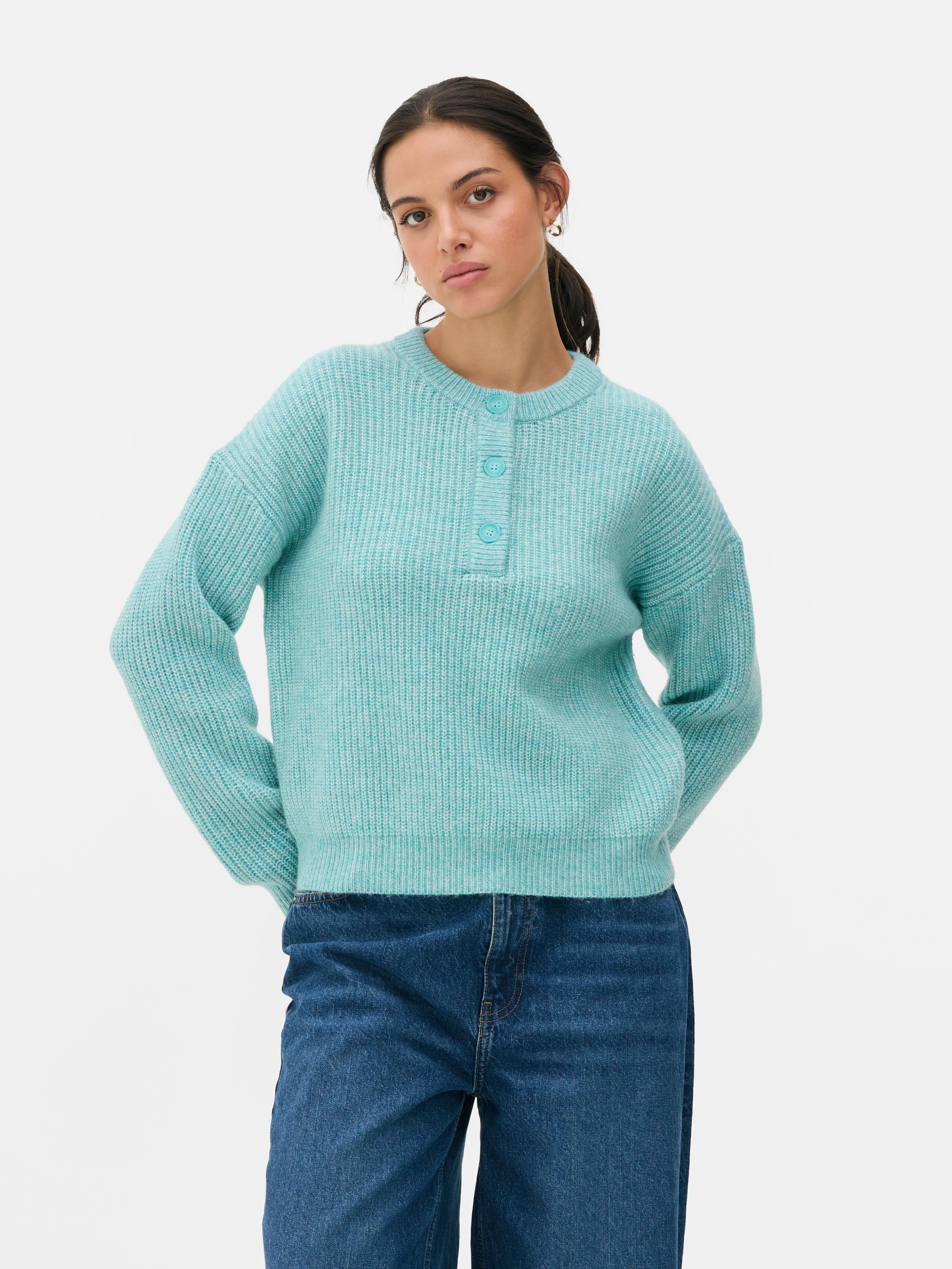 Knitted Button Placket Sweater Green