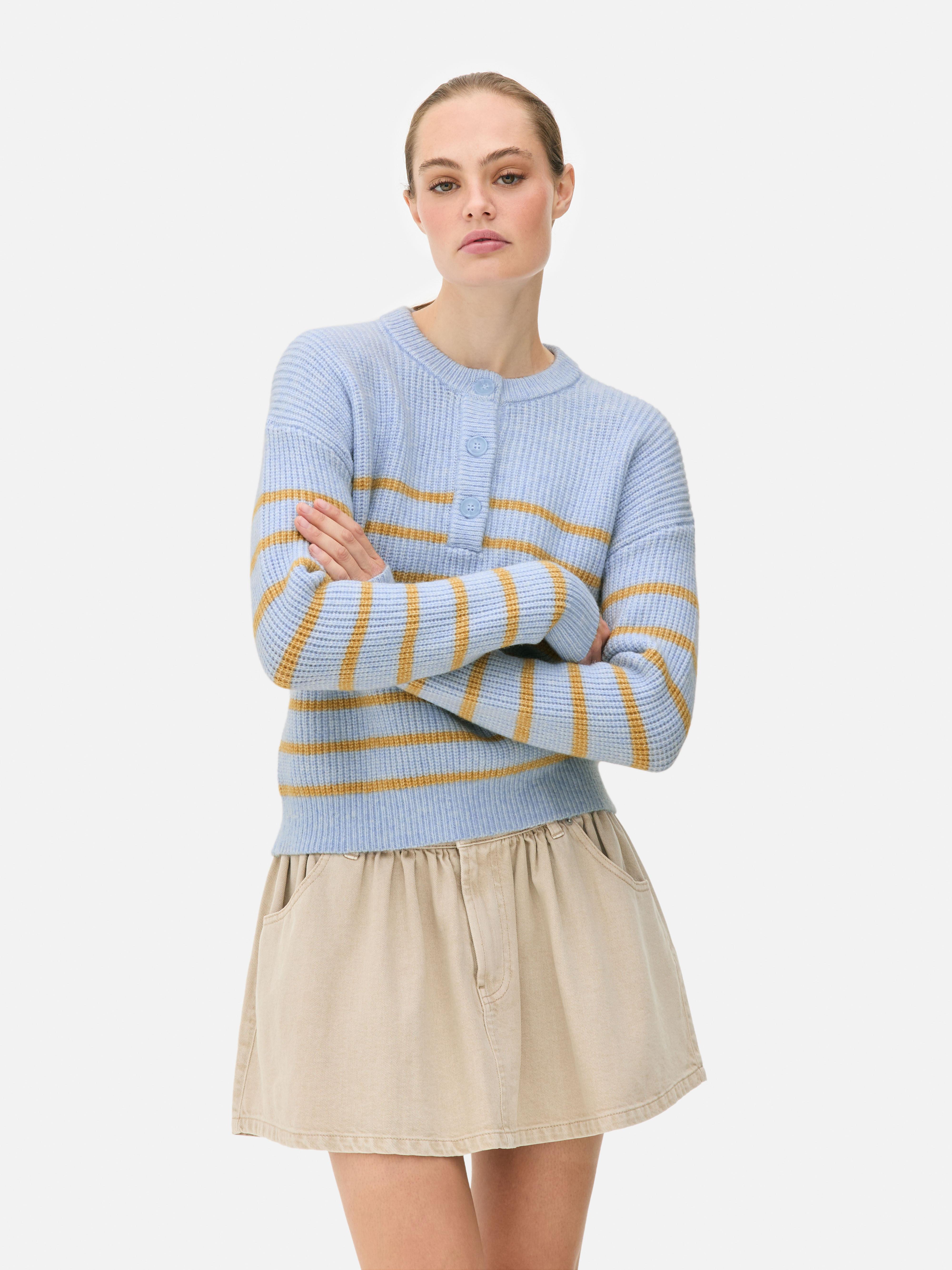 Knitted Button Placket Jumper Blue